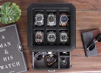ROTHWELL 6 Slot Leather Watch Box with Valet Drawer - Luxury Watch Case Display Organizer, Microsuede Liner, Locking Mens Jewelry Watches Holder, Men's Storage Boxes with Large Glass Top (Black/Grey)