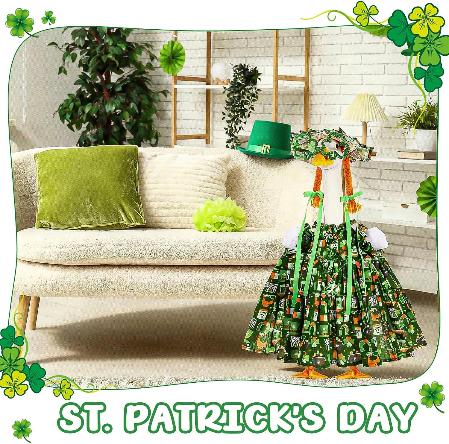 FuWeave St Patrick's Day Shamrock Goose Outfit Lawn Porch Goose Clothes for 23" St Patricks Day Outdoor Patio Yard Lawn Art Decoration(Novel)