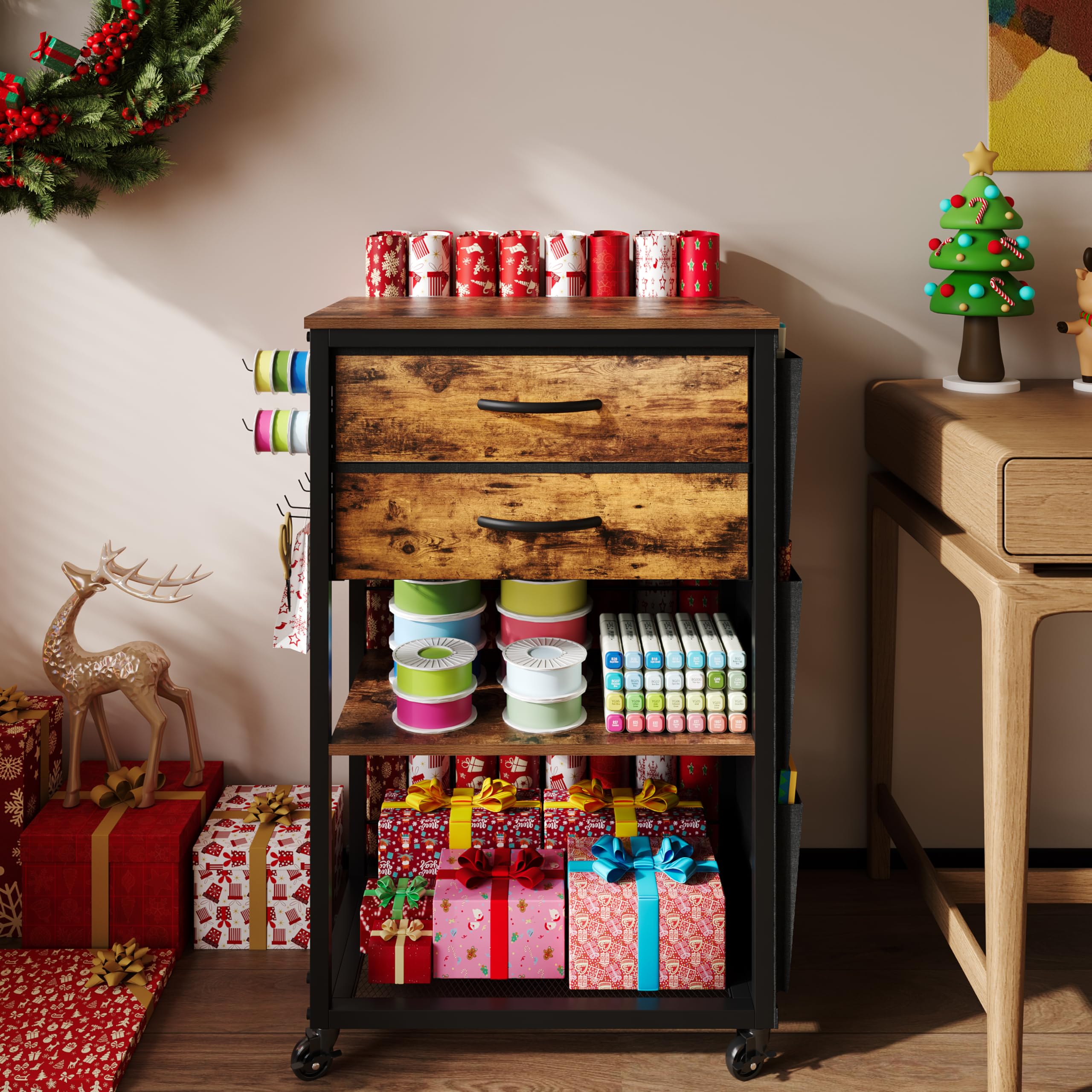 NinPeen Wrapping Paper Storage Cart with 2 Fabric Drawers,Gift Wrap Station with Ribbon and Gift Bage Storage,Rolling Craft Cart with Wrapping Paper Organizer Holder for Craft Office (Rustic Brown)
