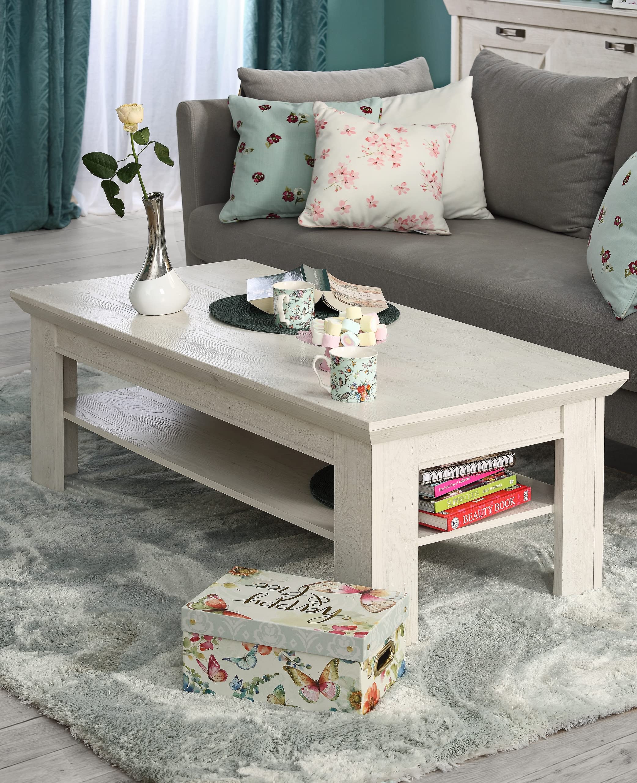 Newroom Couchtisch Pinie Weiß Wohnzimmertisch Sofatisch modern Landhaus