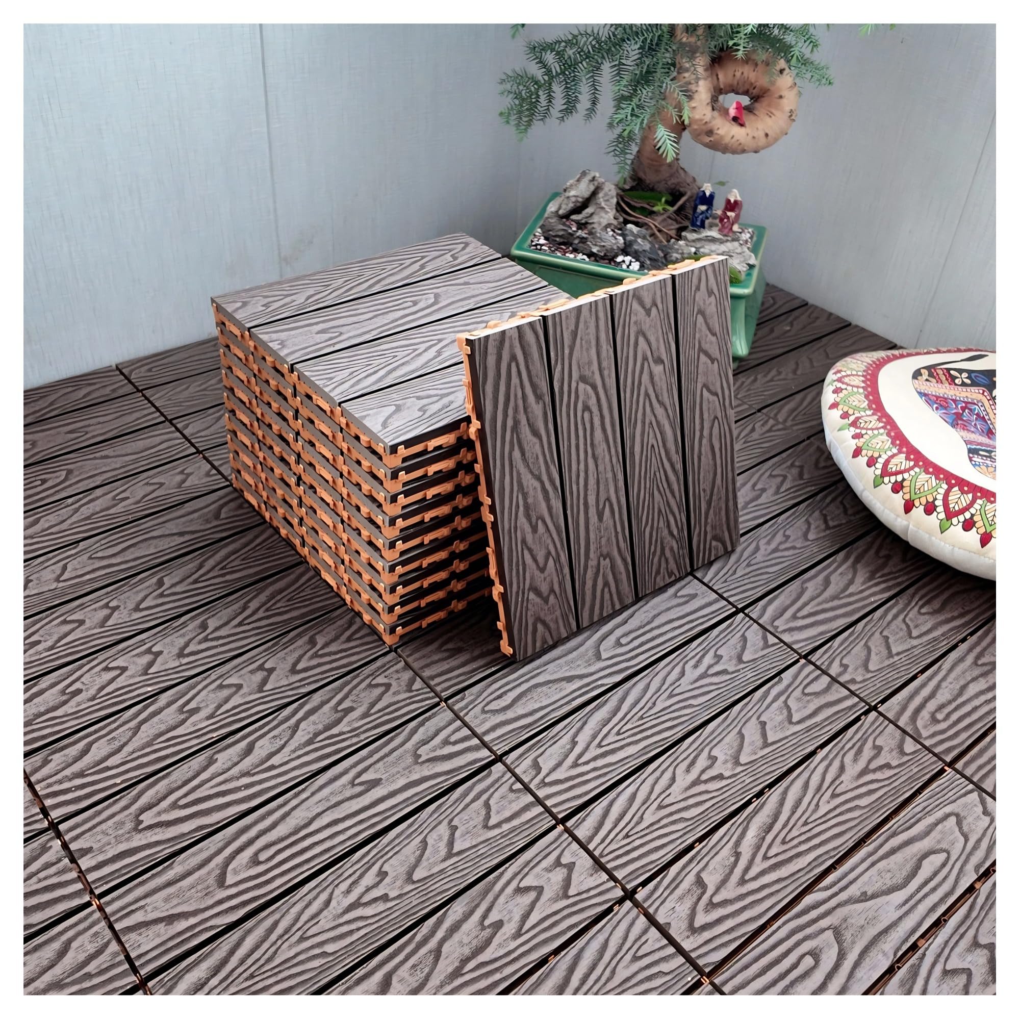 22 Pcs Composite Wood Patio Deck Tiles, Interlocking Flooring