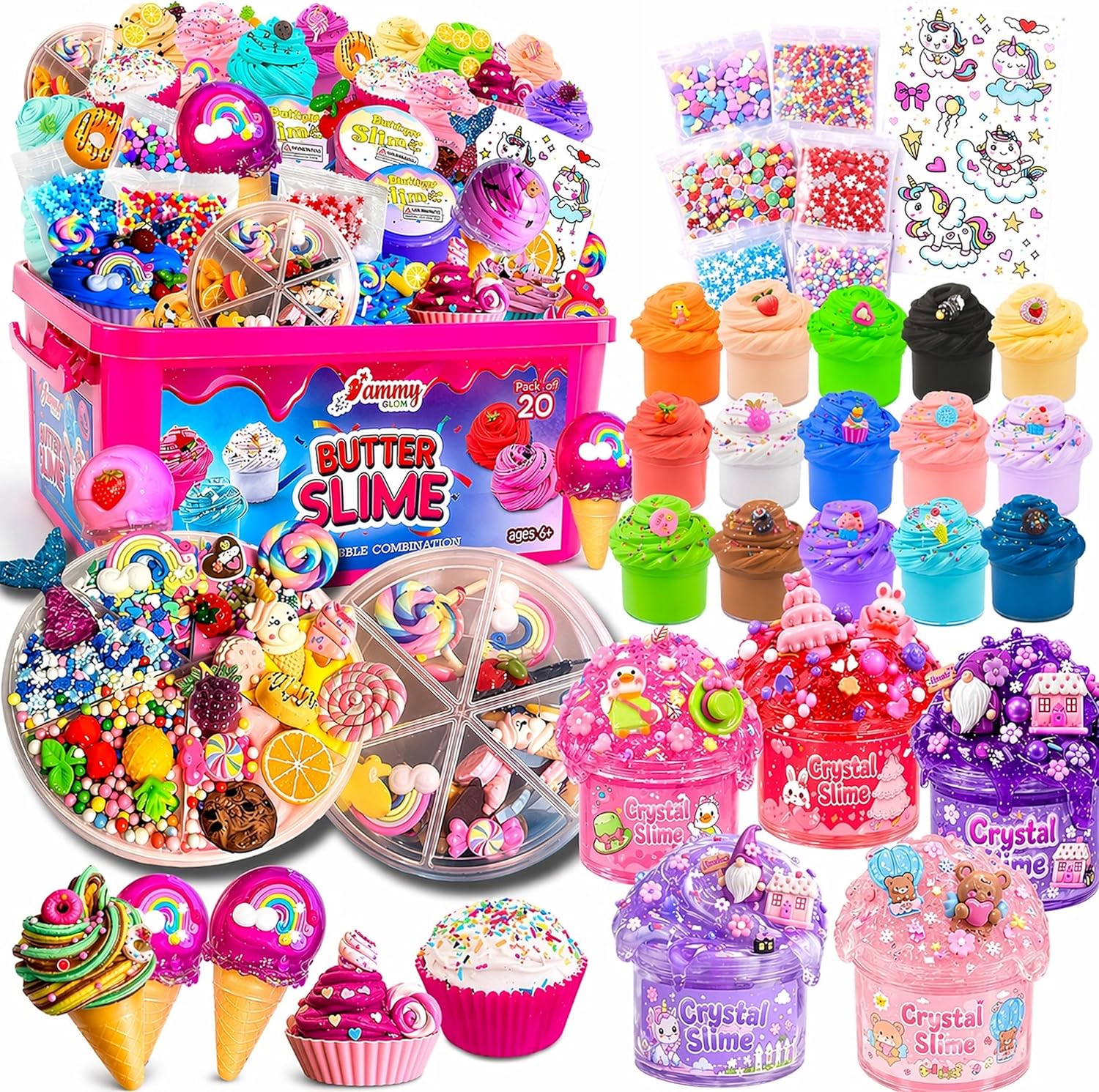 Jumbo Butter Slime Kit for Girls Ages 8-12 -49 Pcs-20 Colorful Slimes Including 15 Butter Slime & 5 Crystal Slimes, Charms Kit & More Accessories - Non Toxic, Non Sticky Slime for Kids - Sensory Toys