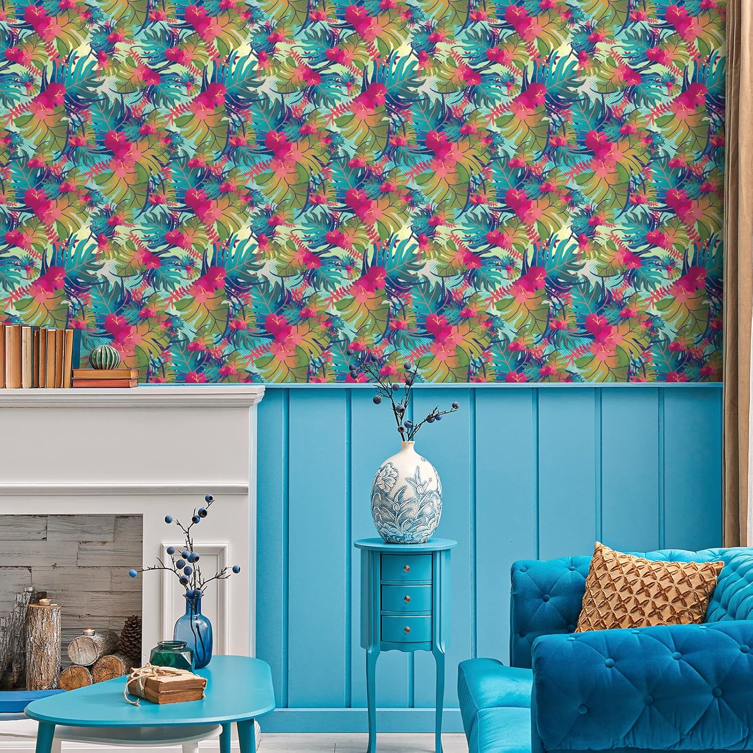 VaryPaper 17.7"x315" Tropical Peel and Stick Wallpaper Leaf Floral Wallpaper Waterproof Decorative Floral Contact Paper for Walls Removable Self Adhesive Wall Mural for Bedroom Bathroom Cabinets