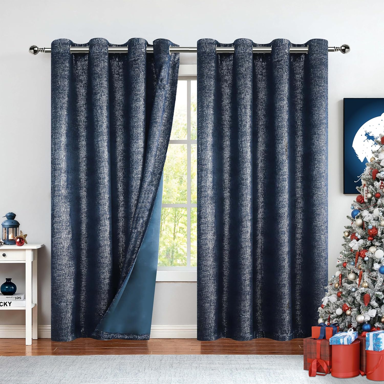 Bujasso Navy Blue Blackout Curtains 84 inch 2 Panels Set Silver Sparkle Patterned Window Curtains Luxury Room Darkening Curtains 85% Blackout Thermal Insulated for Living Room Grommet Top W52 xL84