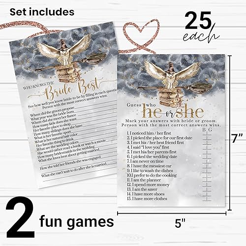 Miniatura 2 de Paquete de juegos de despedida de soltera Magic Owl, dijo o ella dijo y quién conoce mejor a la novia, 25 tarjetas de doble cara con diseño negro y