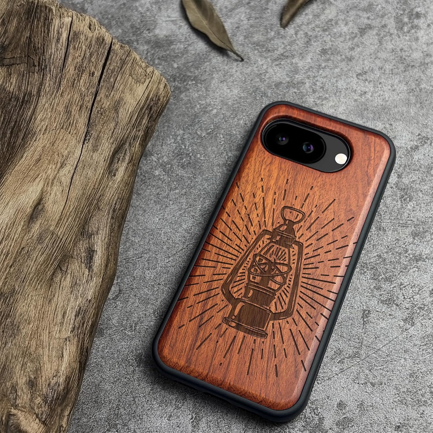 Carveit Magnetic Wooden Case for Google Pixel 10a Case, Wood Artisan Engraved & Soft TPU Shockproof Cover, Compatible with MagSafe Wireless Chargers (Radiant Vintage Lantern) Rosy