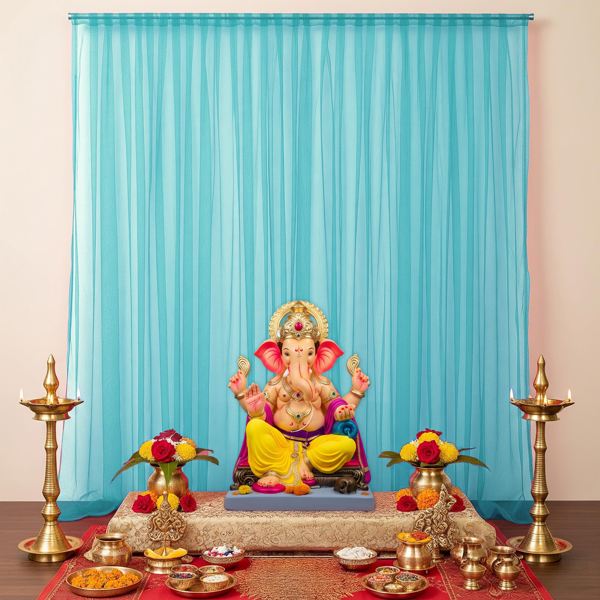 SpecialYou® Ganpati Decoration Setup for Home with Turquoise Ganpati Decoration Backdrop Cloth for Decorations Pooja, Home Decor for Living Room, Back Drop Curtain for Decorations-2Pcs