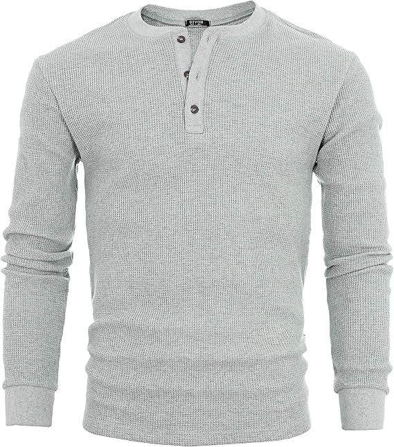 GIVON Mens Slim Fit Henley Waffle T-Shirt Cotton 100% Fabric Long Sleeve Knit Tee with Button Neckline