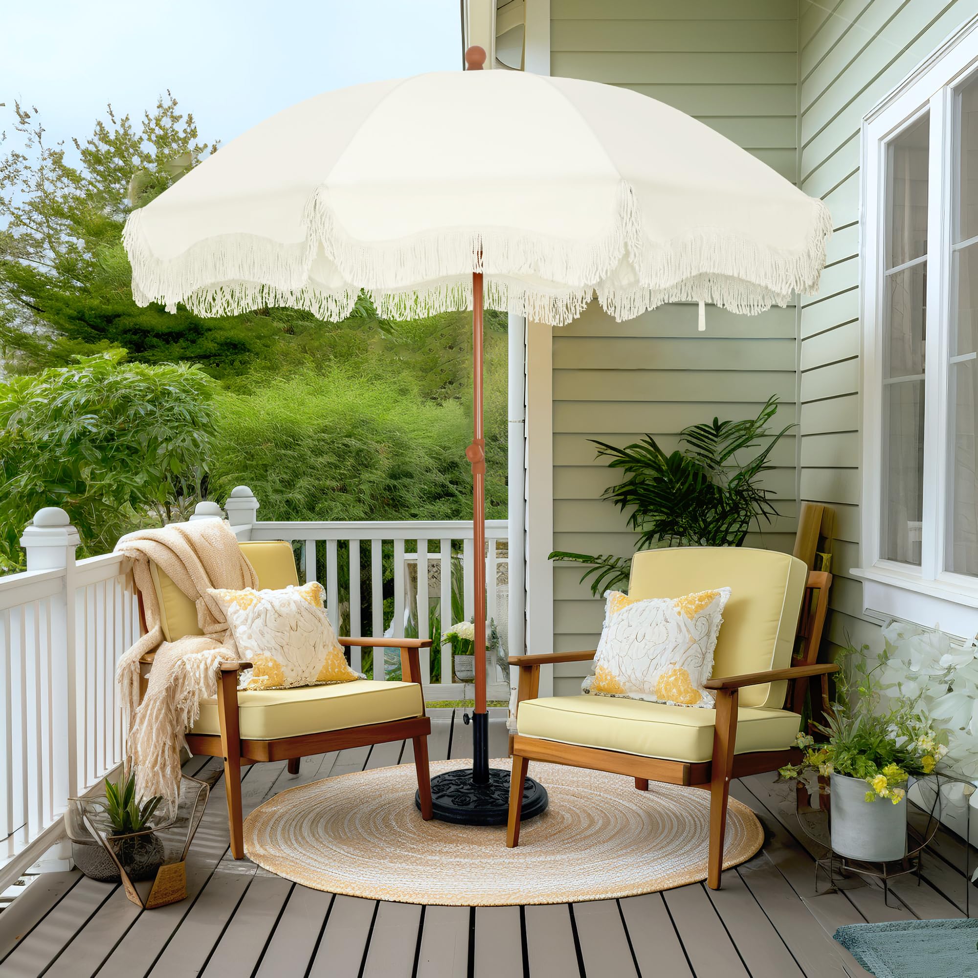 PHI VILLA Parasol de plage de 2 m avec vis à sable UV 50+ - Parasol à franges pour plage, jardin, terrasse - Pour piscine et terrasse