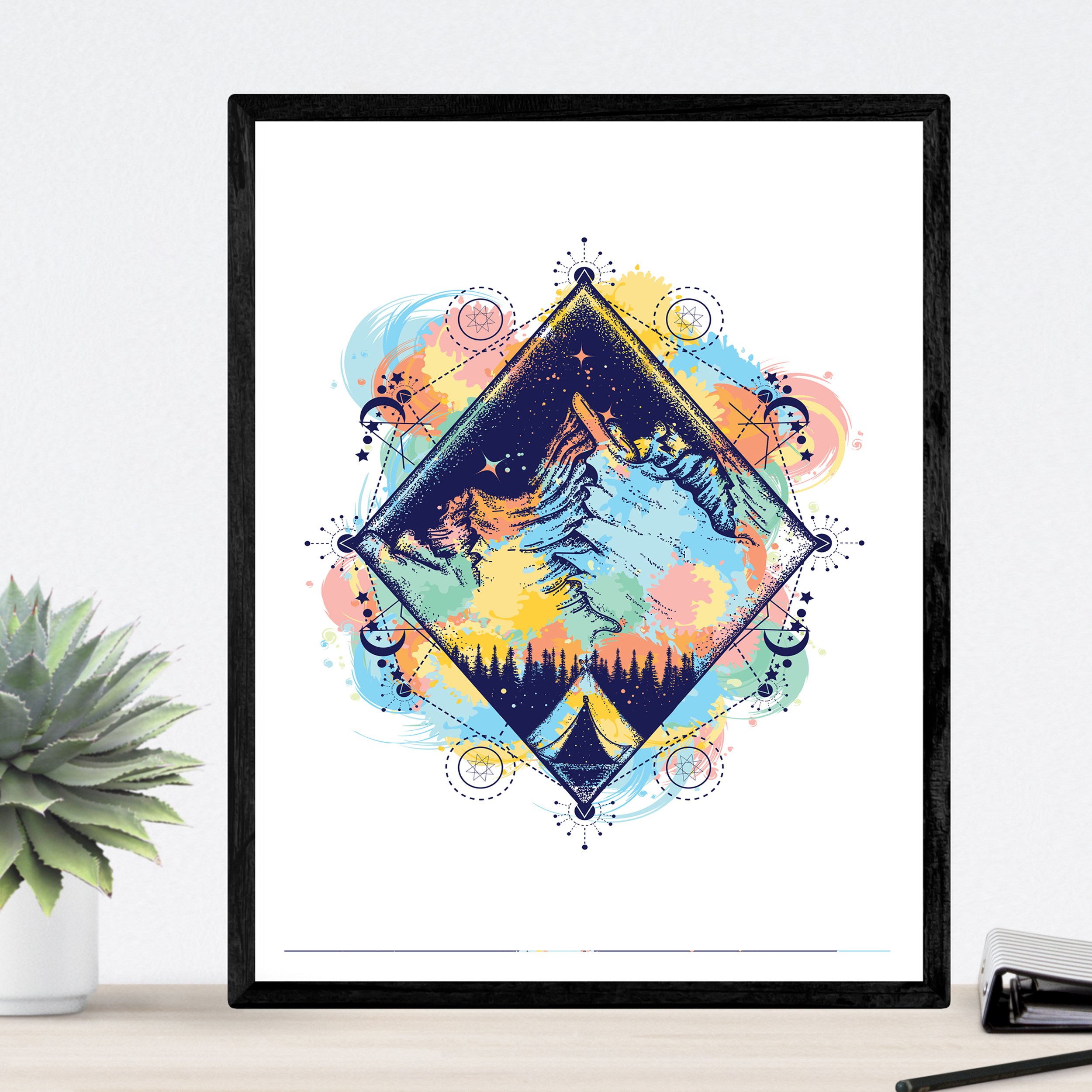 NACNIC Mountaineering print for framing. Full colour mountain image with elements and universe. Nordic style poster, A3 size without frame.