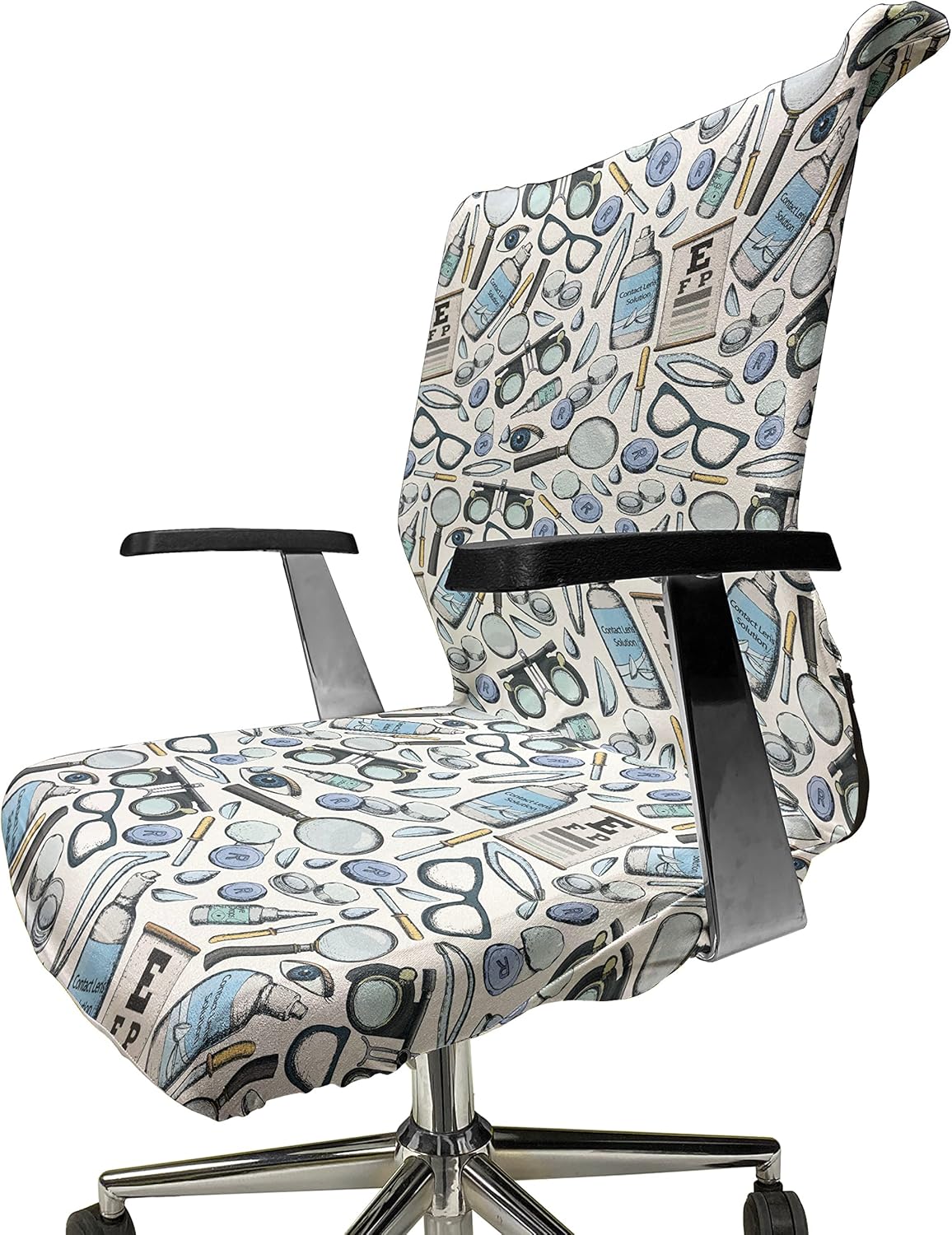 Ambesonne Eye Chart Office Chair Cover, Scattered Optometry Themed Accessories on a Plain Background Print, Stretchable Decorative Universal Size High Back Printed Slipcover, Multicolor