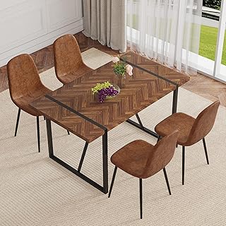 Dining Table Set 4 Chairs: Modern Rectangular Wood Table with Fishbone Pattern & Brown Tech Fabric Chairs - Creative Workspace Furniture for Artists Designers Small Apartments