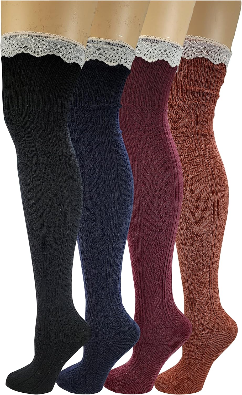 SUMONA 4 Pairs Women Wool Cable Knit Knee High/Thigh High/Crew Winter Boot Socks 9-11 (4 Pairs Over Knee High W/Lace, 9-11) - Image 8