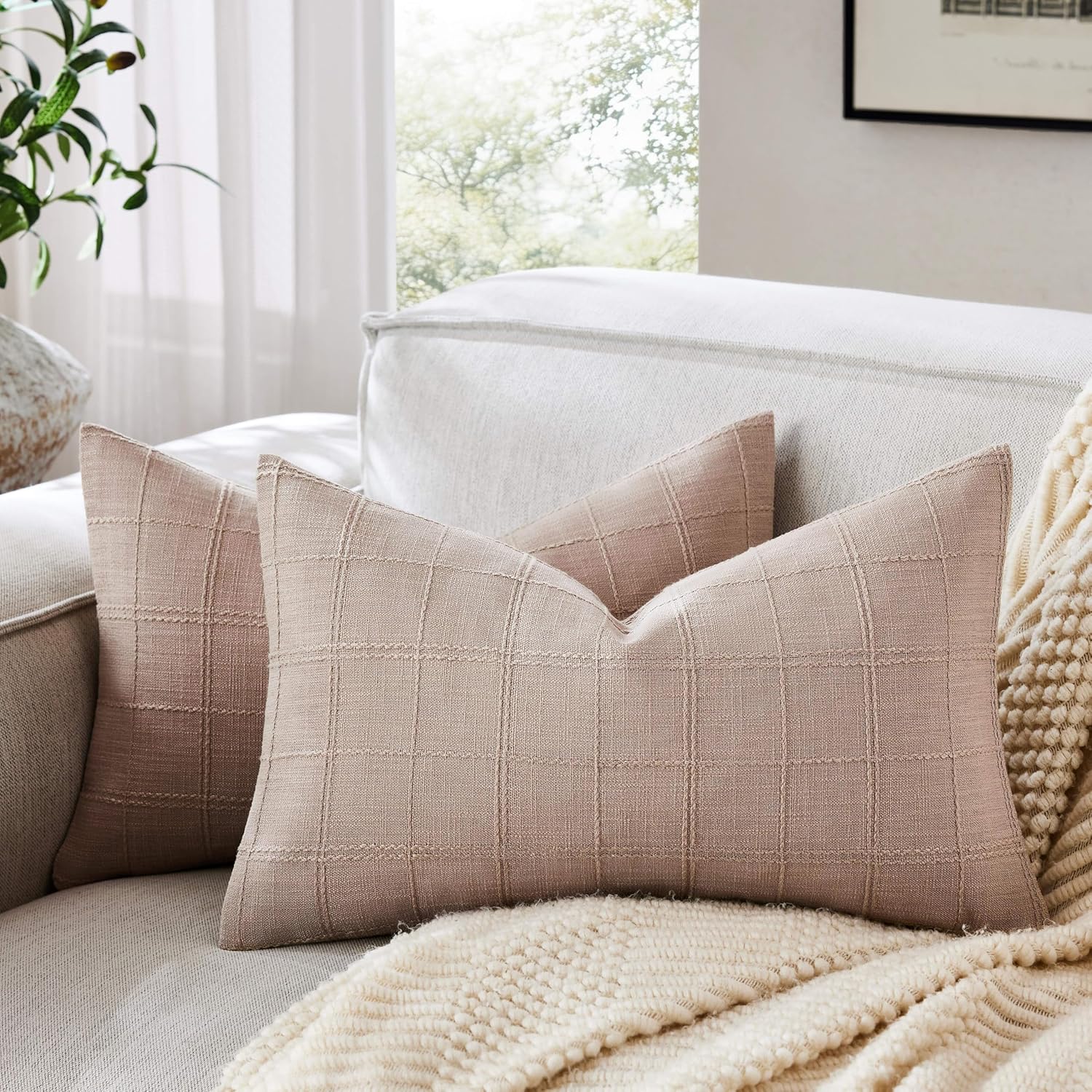 ZeeMart Linen Checked Lumbar Throw Pillow Covers Set of 2, 12x20 Inch Allover Grid Taupe, Farmhouse Decorative Double Sided Grid Embroidered Couch Pillow Cases Taupe Cotton Linen Cushion Covers