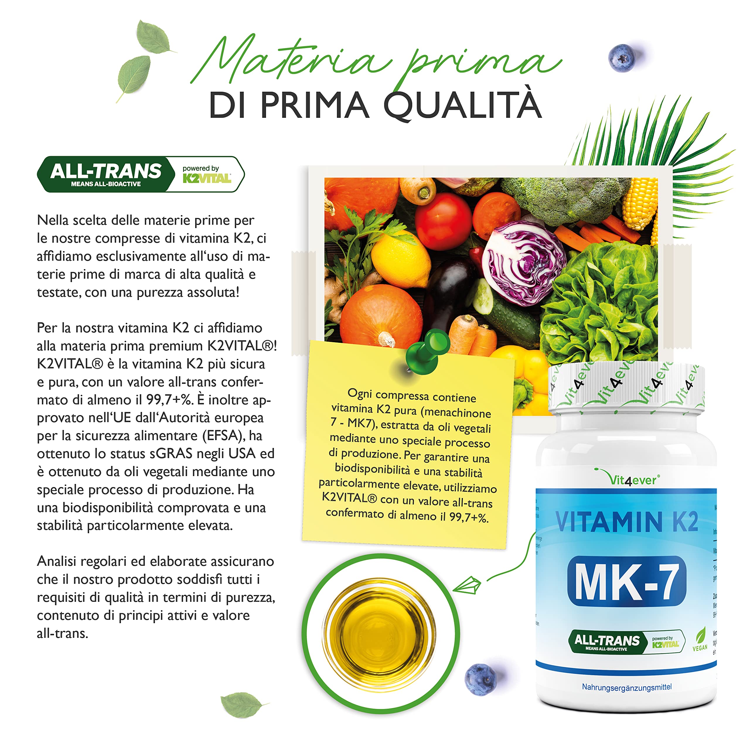 Vitamina K2-365 compresse - Materia prima premium: vera K2 con il 99,7+% di MK7 completamente trans (K2VITAL® by Kappa) - Dosaggio elevato - Vegano