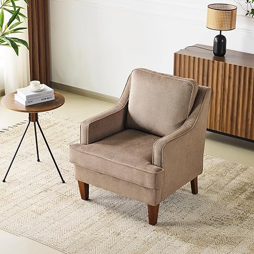 Miniatura 8 de VINGLI Silla decorativa moderna de mediados de siglo, sillón tapizado marrón claro, cómodo sofá, silla de lectura, respaldo alto para sala de estar,