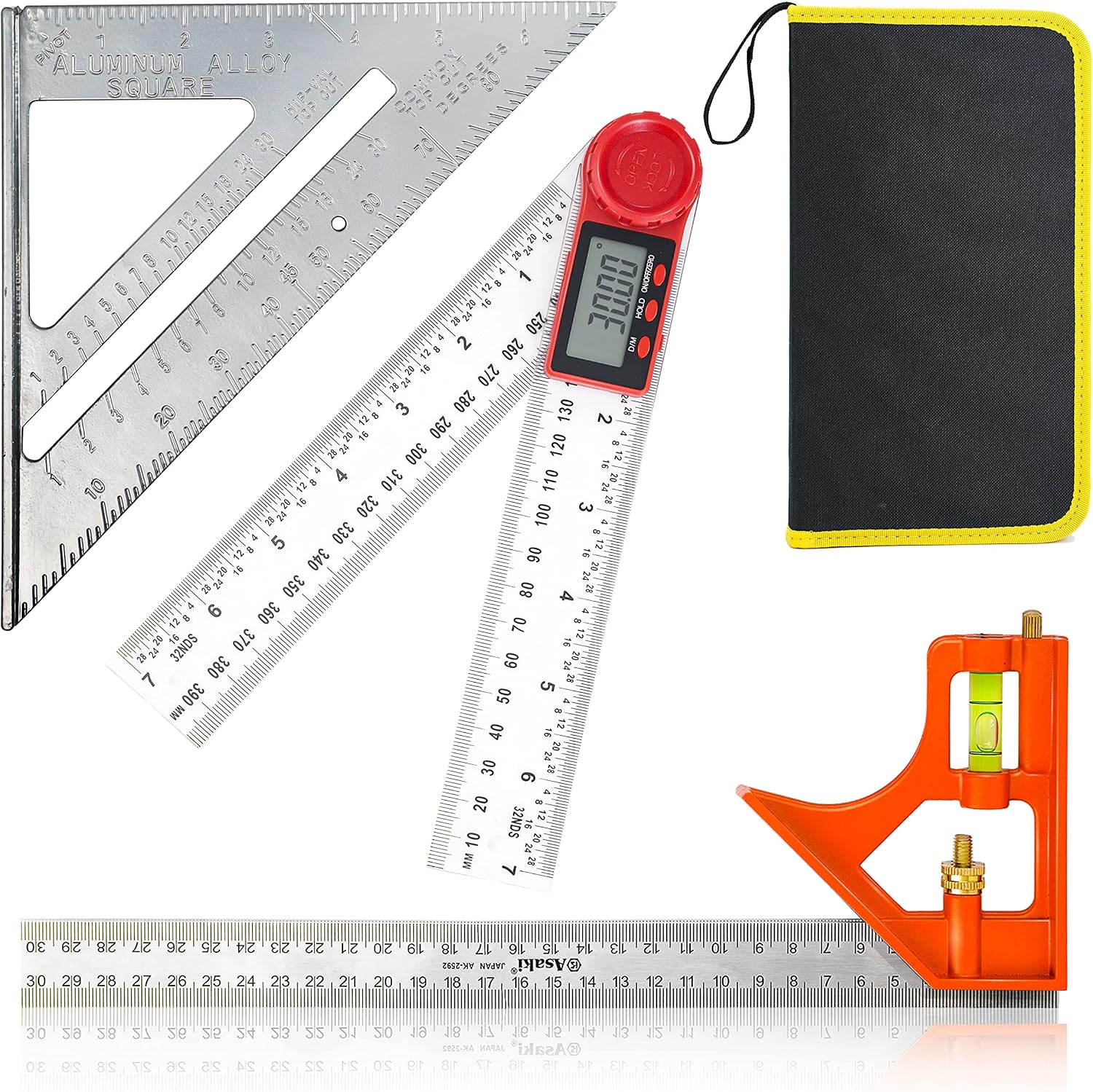3 Packs Measuring Tool Set, 12" Adjustable Combination Set, 7" Aluminum Triangle Ruler Square and Digital Angle Finder Protractor with Zeroing and Locking Function