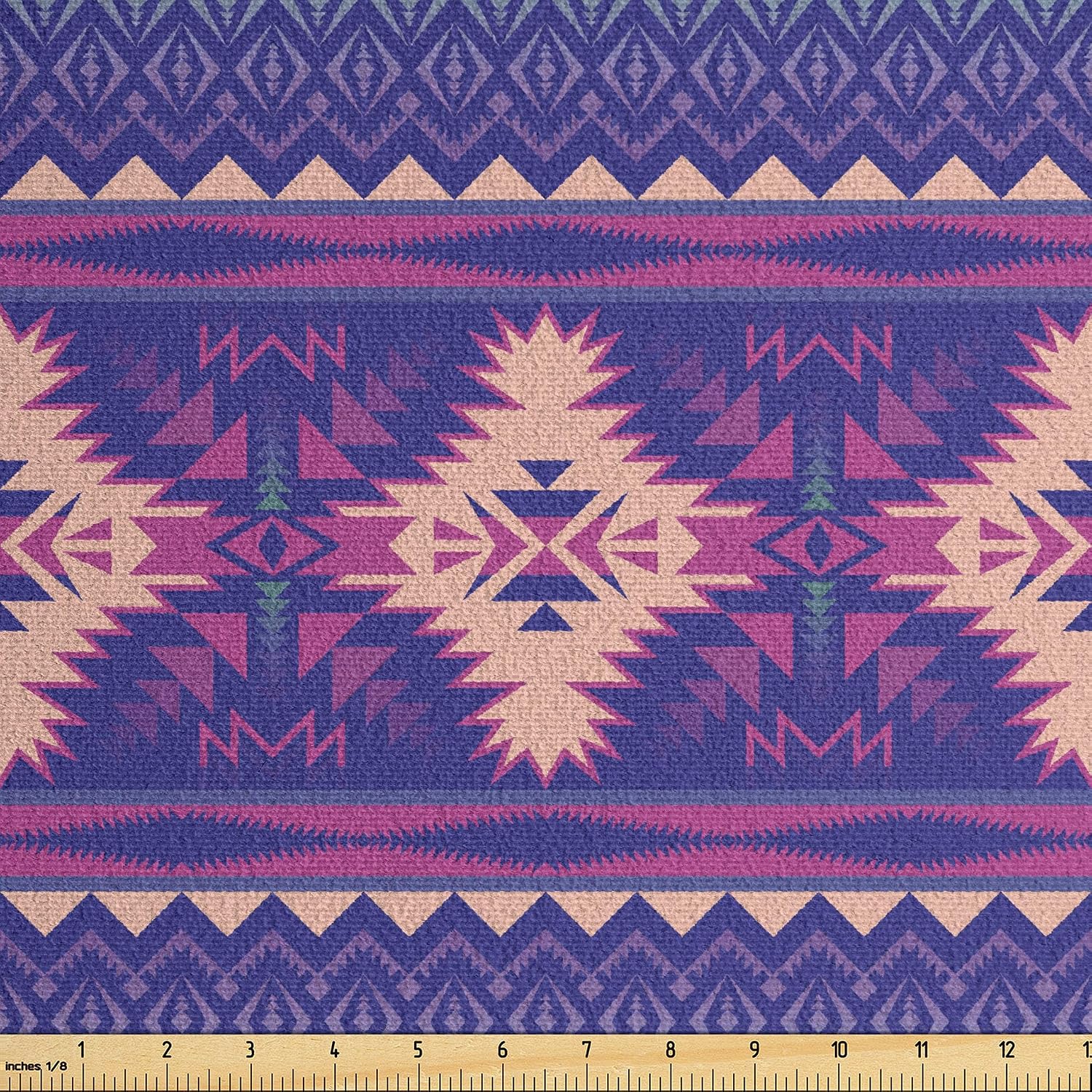 Ambesonne Aztec Faux Suede Fabric by The Yard, Geometric Print of Civilization Ornaments in Pastel Nature Tones, for Indoor Outdoor DIY Projects Upholstery, 2 Yards, Tan Slate Blue
