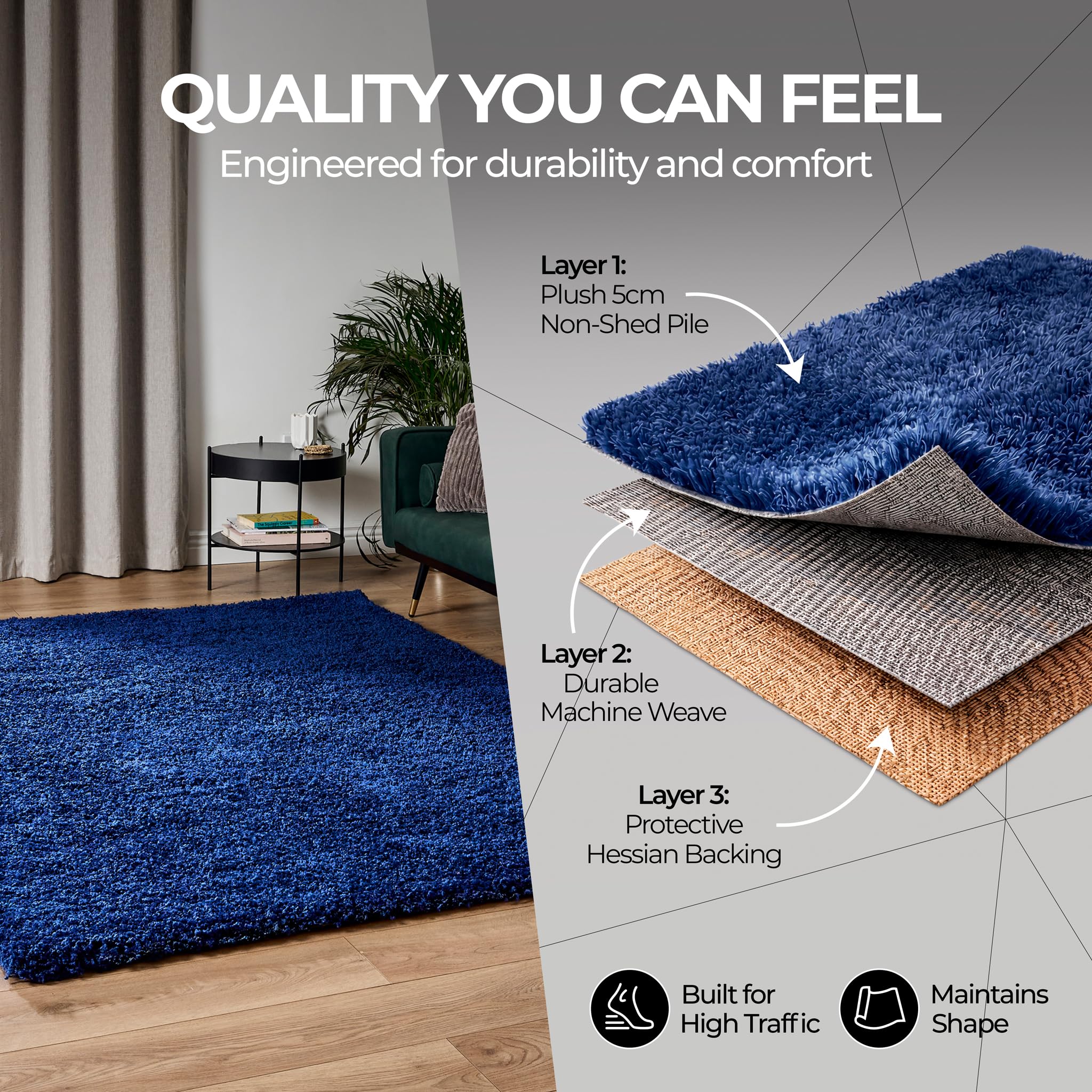 Bravich Navy Blue Shaggy Rug 80 x 150cm (2'7" x 4'11") 5cm Pile Medium Thick Fluffy Living Room Hessian Backed Washable — view 5