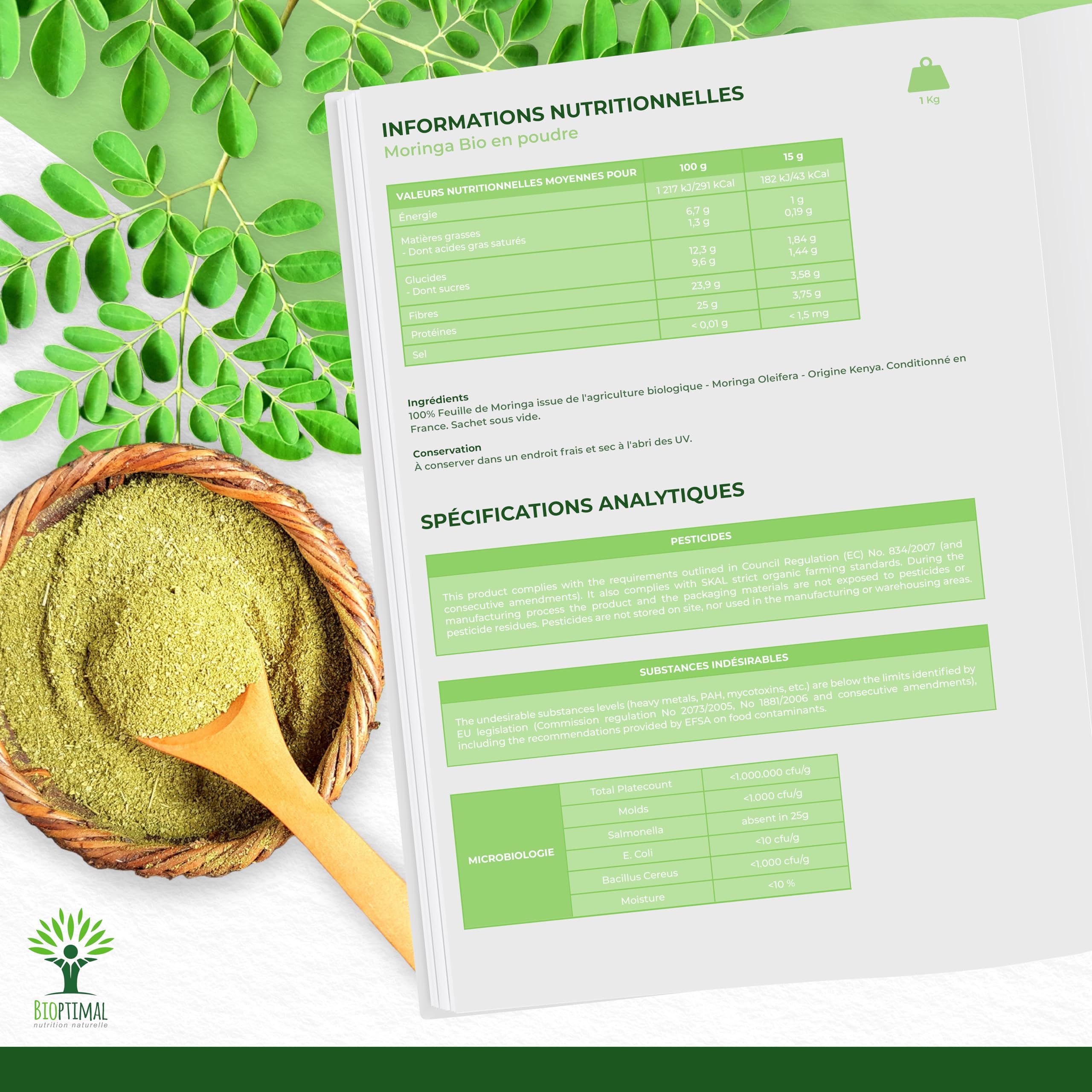 Moringa Bio - Bioptimal - En Poudre - 100% Feuille de Moringa Oleifera - Antioxydant Immunité Anti-Fatigue Cheveux - Vitamine A C E - Origine Kenya - Conditionné en France - Certifié Ecocert - 1kg