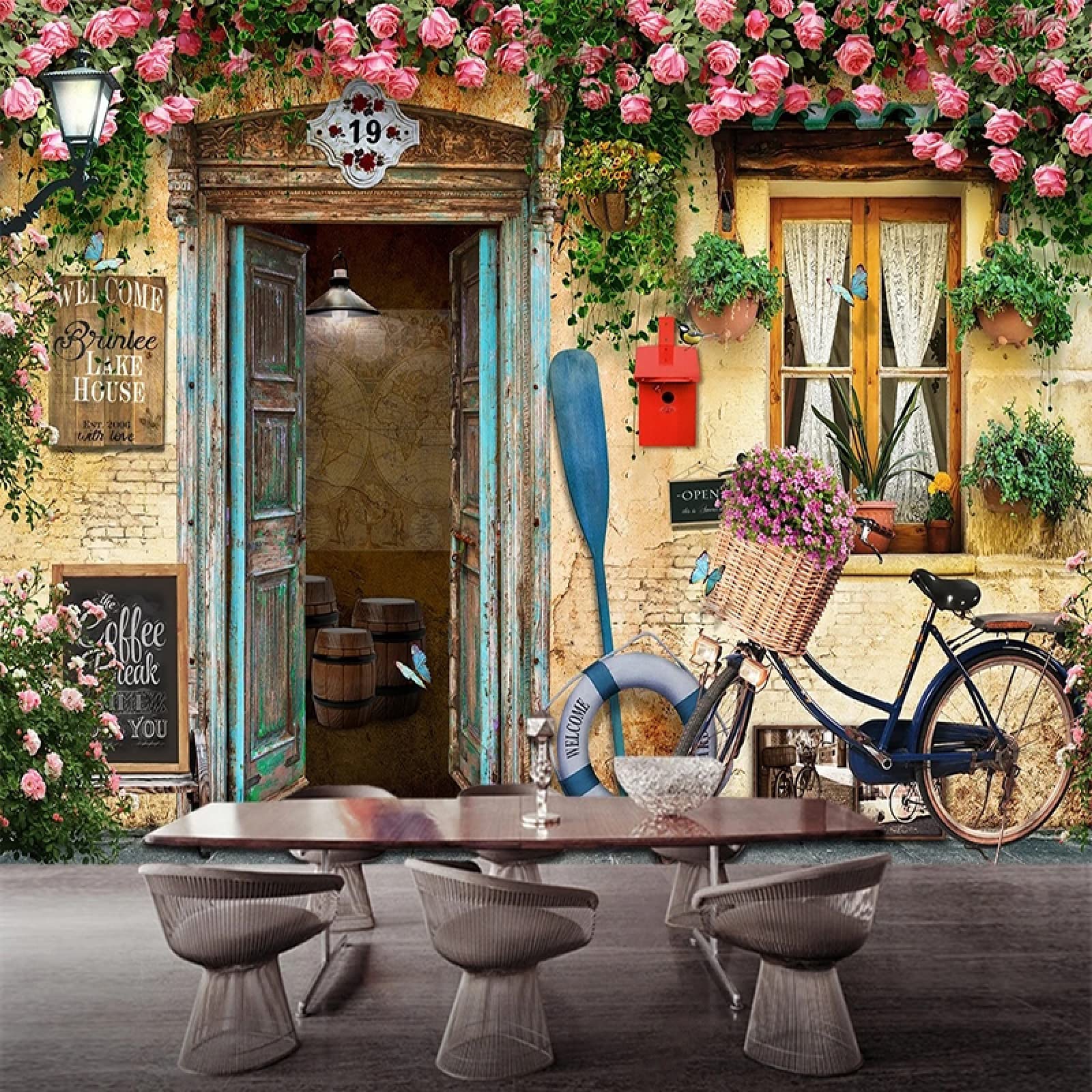 Papier peint fenêtres de style méditerranéen fleur rose mur décor 400x280