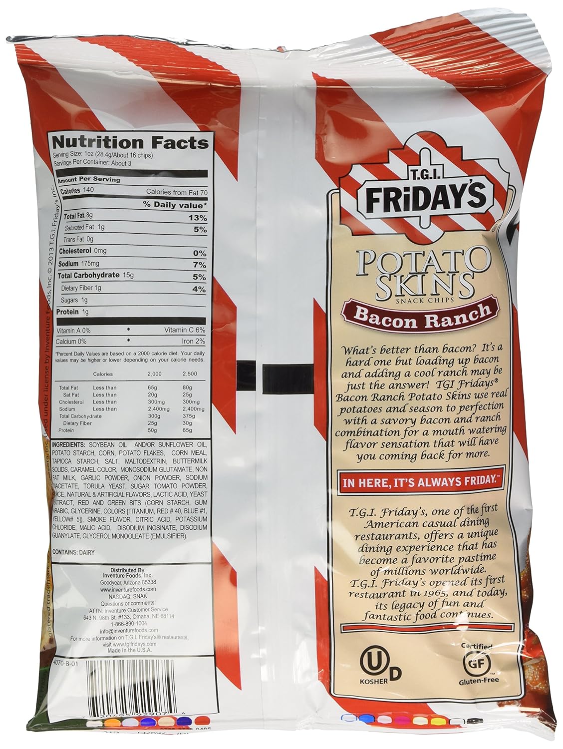 TGI Fridays Bacon Ranch Potato Skin chips, 3 Ounce -- 6 per case.