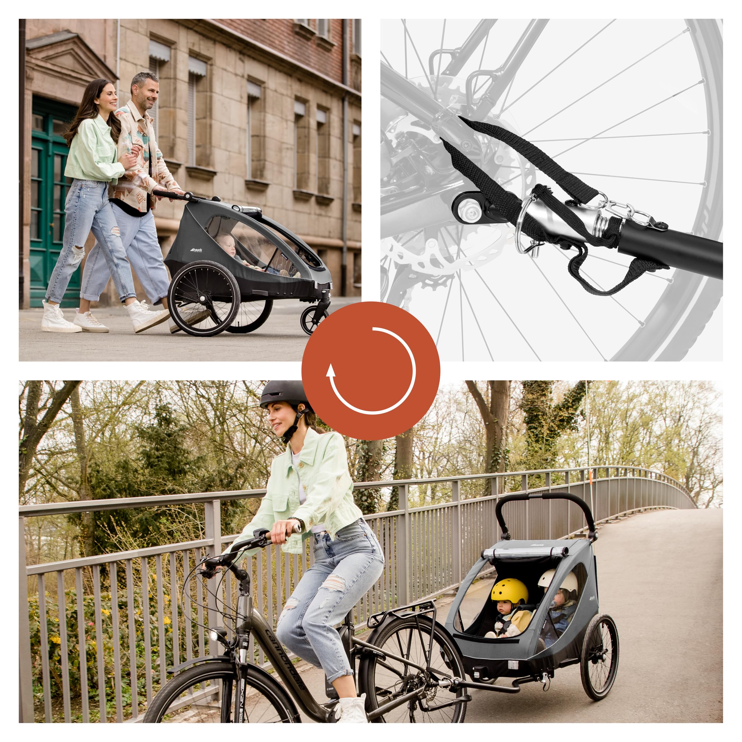 hauck Drky Duo + Regenschutz, Grey - 2in1 Kinderwagen & Fahrradanhänger für 2 Kinder ab 6 Monaten, Zwillings- & Geschwisteranhänger bis 2×22 kg, Luftreifen, Höhenverstellbarer Schieber, Faltbar