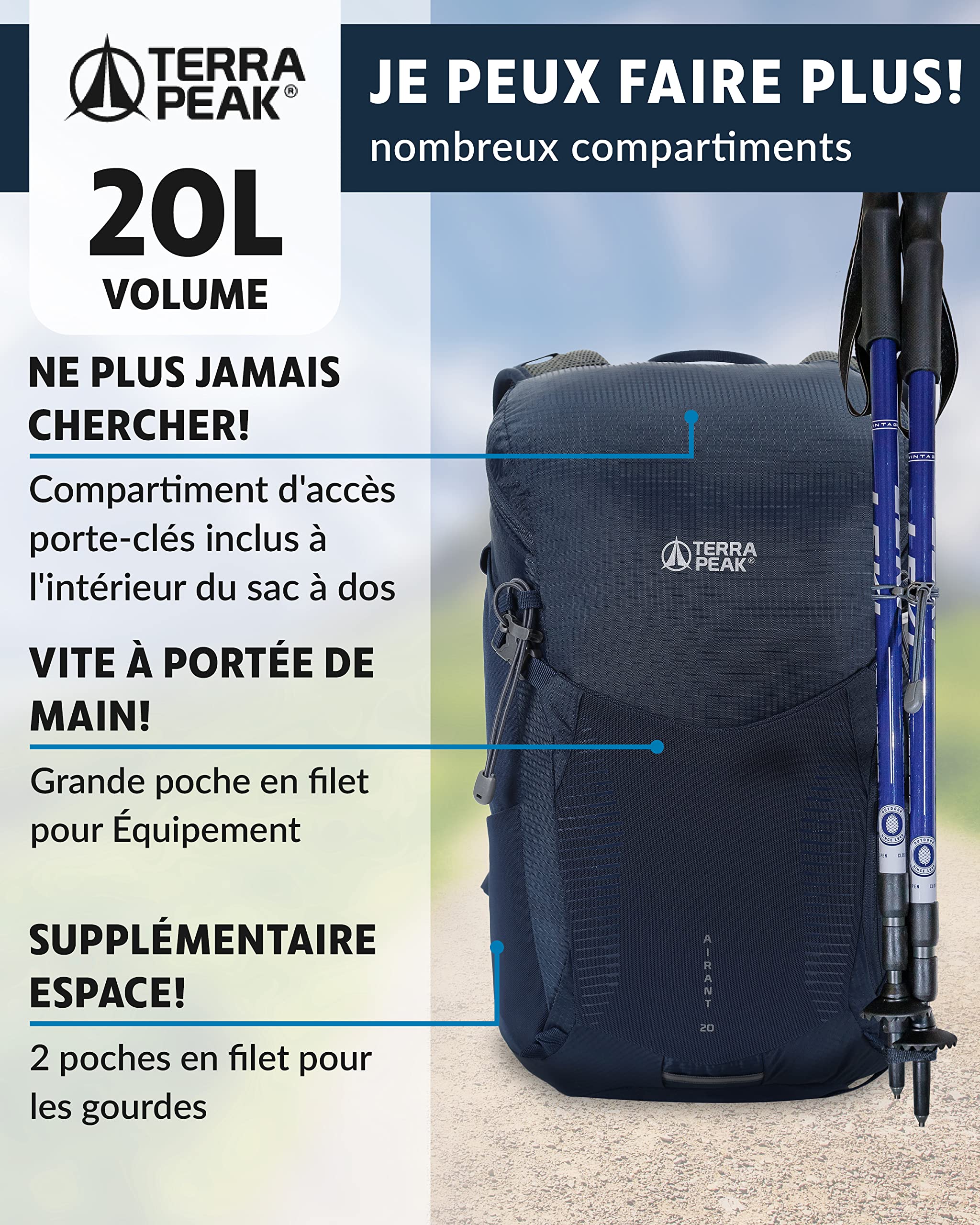 Terra Peak® Sac à dos de randonnée 20, 30, 40 L pour homme et femme (AIRANT) - Sac à dos de trekking, de voyage et d'alpinisme (ergonomique, imperméable) avec ventilation au niveau du dos (respirant)