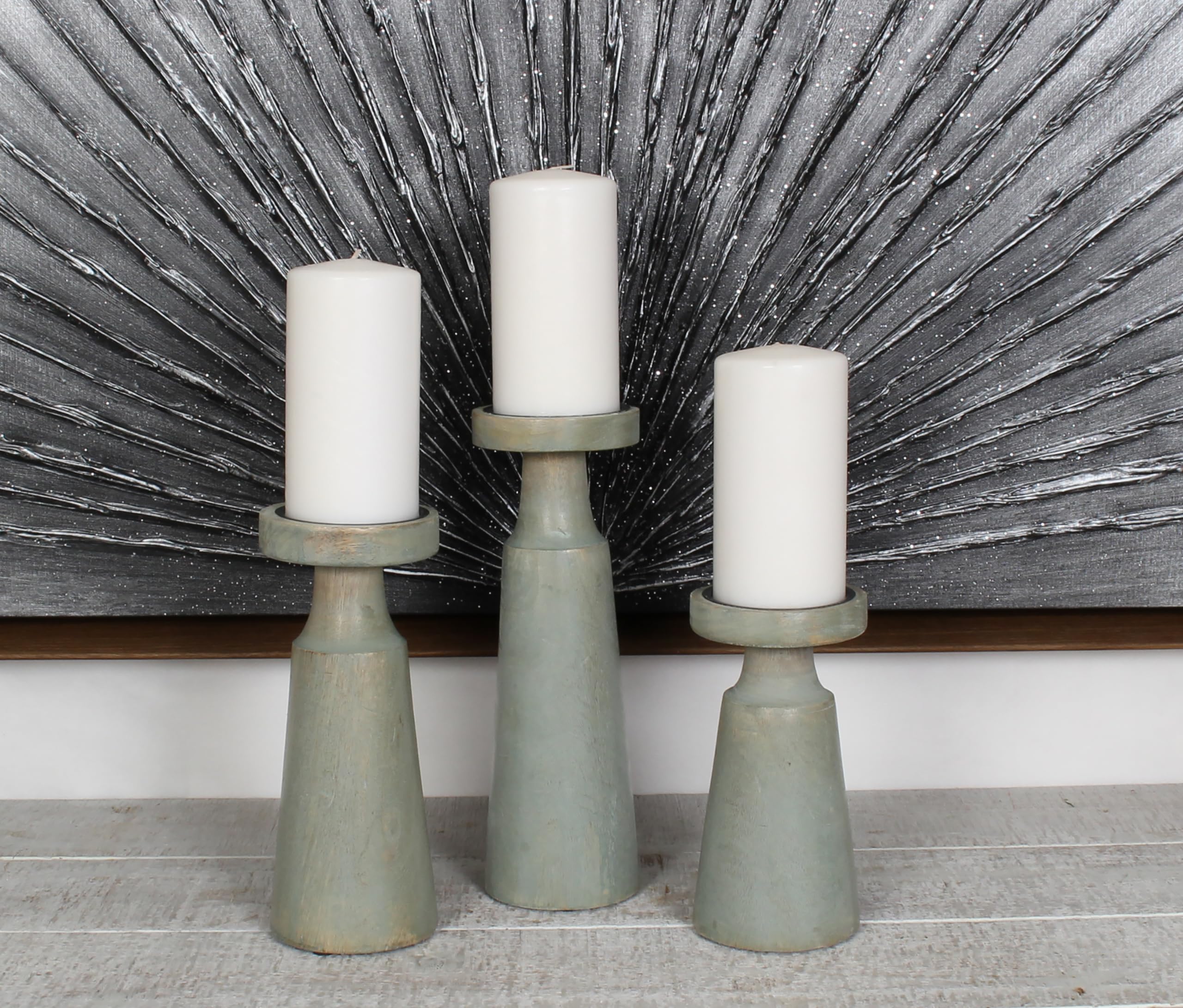 Sweet Summer Living Set of 3 Pieces Wood Pillar Candle Holders, Mango Wooden Candlesticks Holders 12 Inch, 10 Inch, 8 Inch Height (Sage)