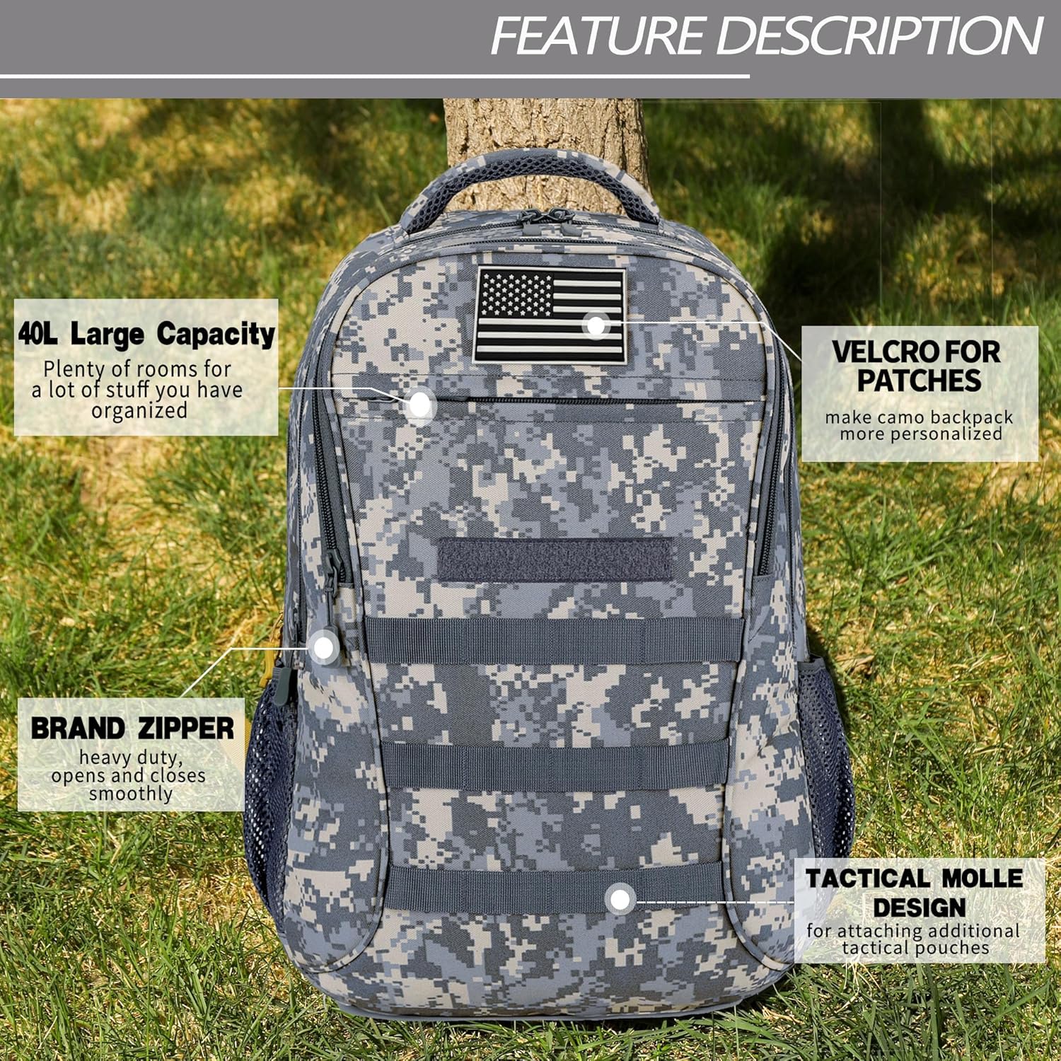 Camo Backpack 40L Military Elementary Middle School Boys Backpack Molle with USB Charging Port & Flag Patch