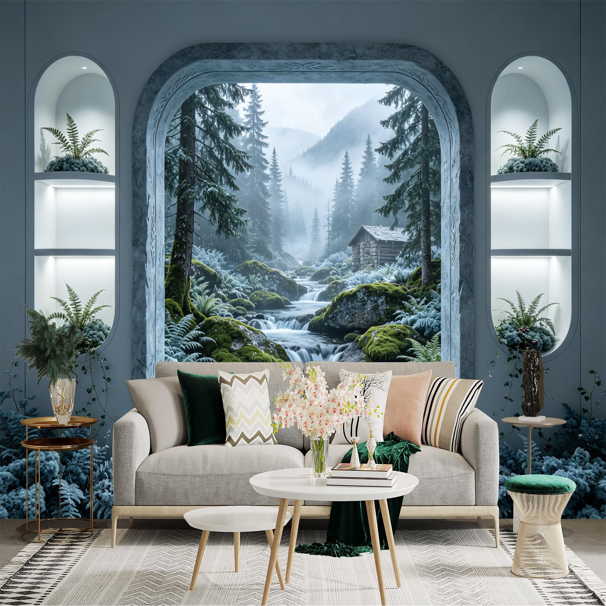Custom Size Wall Sticker Mural， Forest River with Waterfall and Mountain Cabin View， for wall Decoration， peelandstick wall Decals.