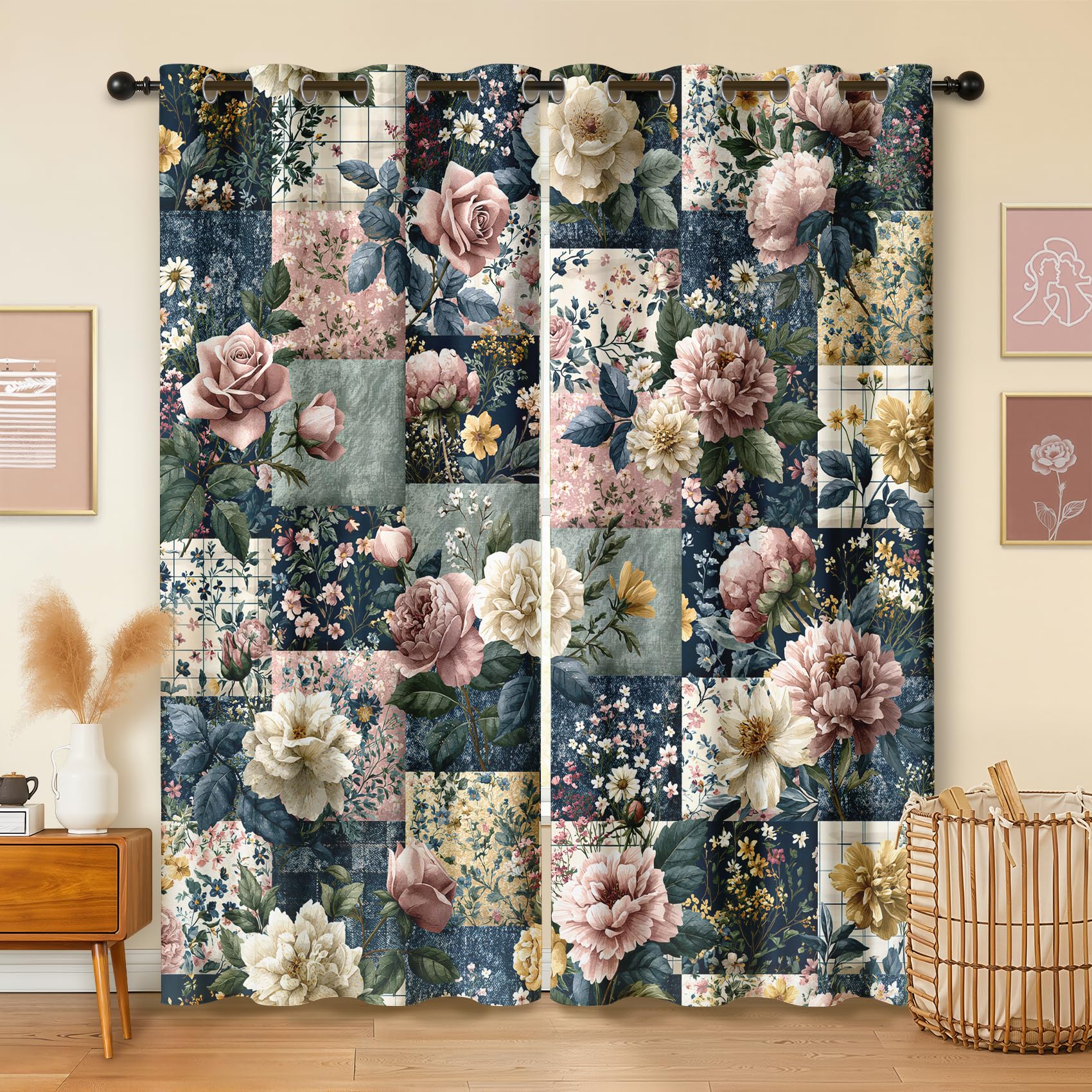 Havenix Patchwork Vintage Floral Blackout Curtains for Bedroom Living Room, Navy Blue Pink Rose Patterned Curtains 90x108, Thermal Insulated Eyelet Drapes for Windows, 2 Panels