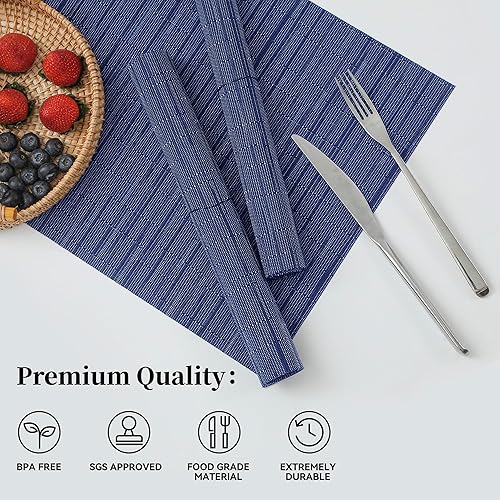 Miniatura 2 de Juego de 8 manteles individuales azules, resistentes al calor, antideslizantes, para mesa de comedor, lavables, duraderos, tejido de vinilo PVC