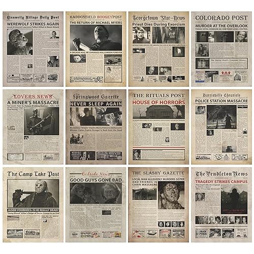 Vintage Horror Movie Newspaper Poster - 8x10 Inches Set of 12 Unframed Posters & Prints - Serial Killer Halloween Decorations for Bedroom Wall Art - Horror Massacre Retro Halloween Room Decor for Living Room Wall Decor - Gothic Pumpkin Witchy Horror Haunted House Posters for Room Aesthetic (8x10 Newspaper) - (8x10 Newspaper)