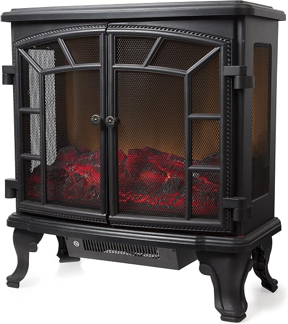 Warmlite WL46020 Rochester Portable Electric Double Door Fireplace Heater with Realistic LED Flame Effect, Remote Control, Overheat Protection, 2000W, Black
