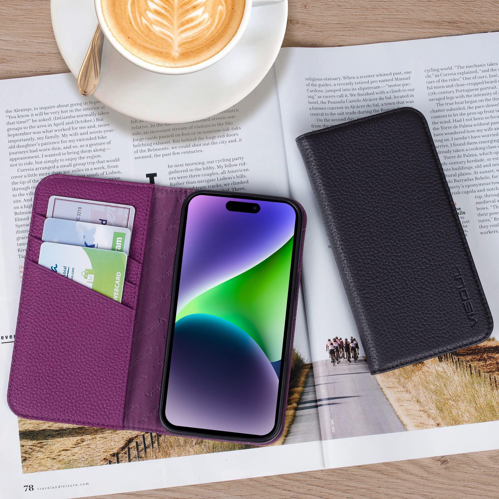 VISOUL Étui portefeuille en cuir grainé avec porte-cartes pour iPhone 14 Pro pour homme et femme, étui portefeuille à rabat magnétique avec blocage RFID compatible avec iPhone 14 Pro (6,1")