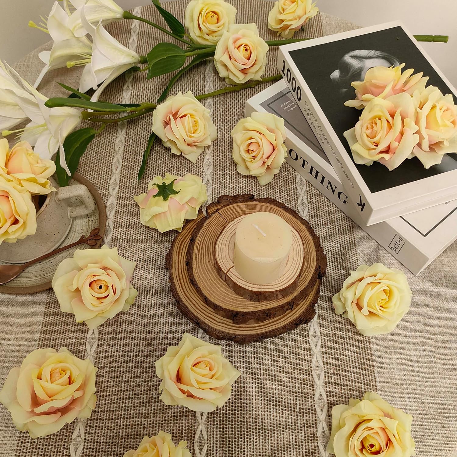 ATFL Artificial Satin Rose Flower Heads,48 Pcs Silk Rose Heads with Stems,3.3'' Rose Artificial Flowers Bulk,Artificial Rose Flower Heads for DIY Crafts Bouquet (48, Champagne)