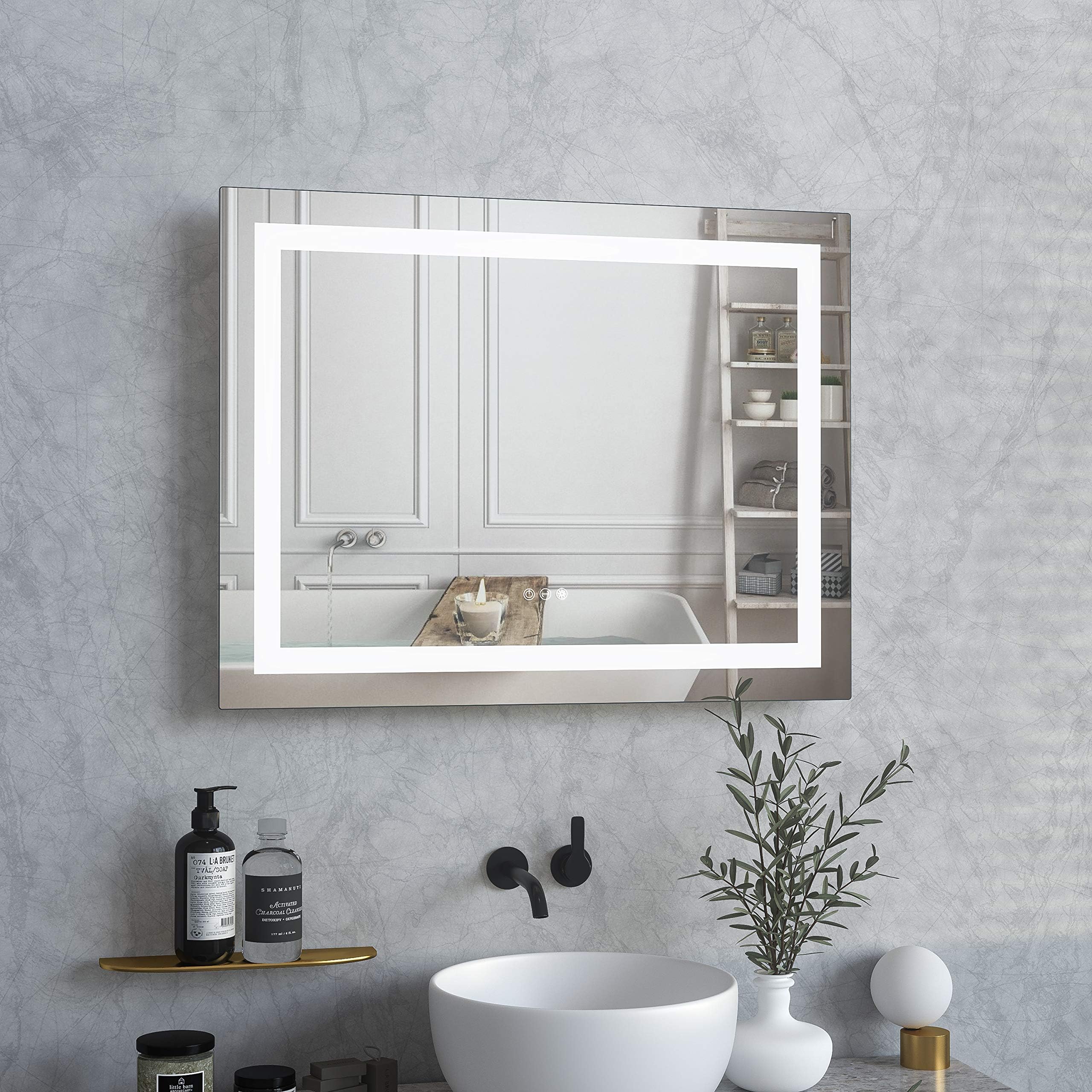 Mecor 28X36 inch LED Lighted Bathroom Mirror Silvered Wall Mounted Mirror with Touch Button ,Anti Fog and IP44 Waterproof Hanging Rectangle Vertical&Horizontal Mirror