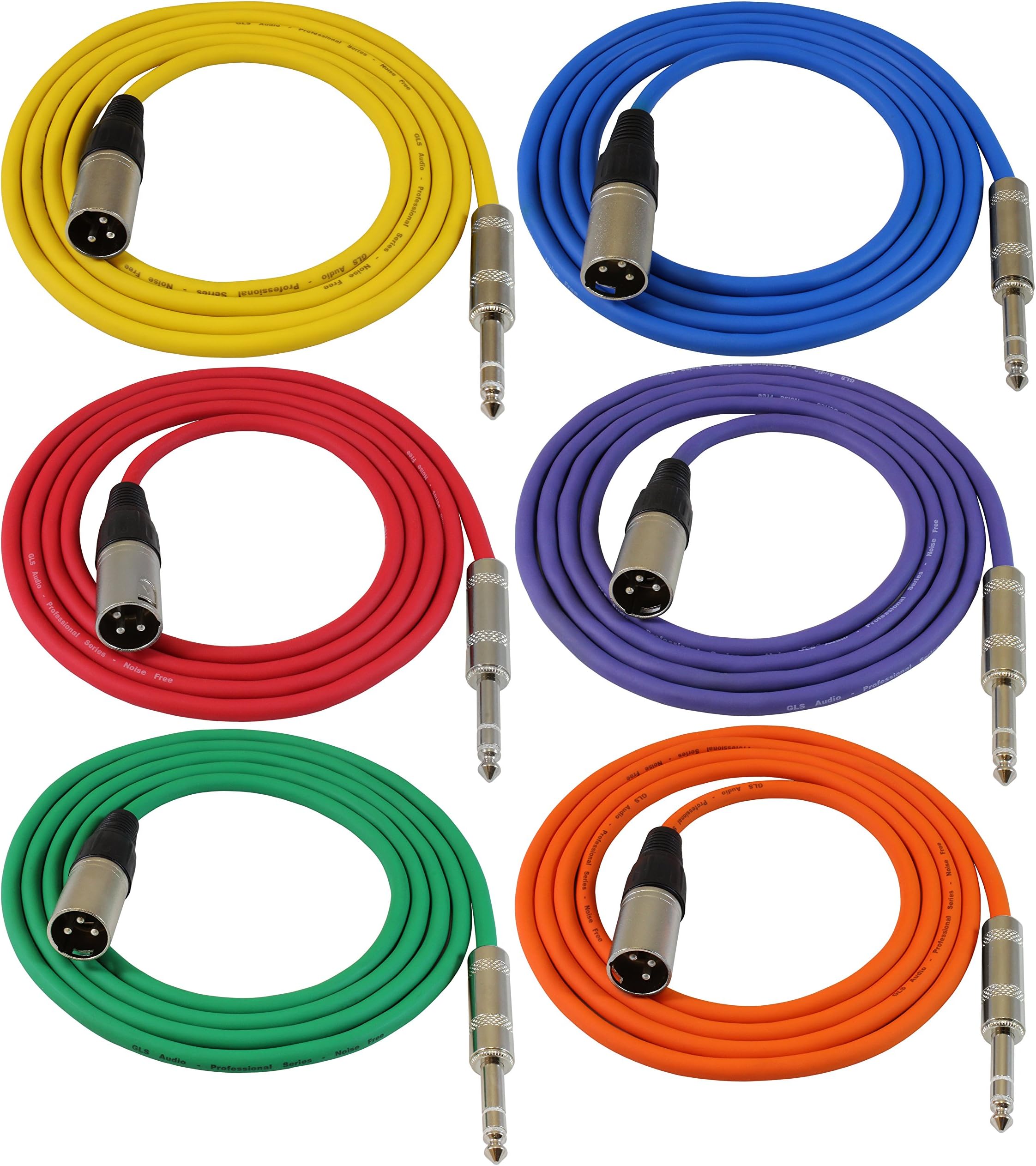 GLS Audio6ft Patch Cable Cords - XLR Male to 1/4" TRS Color Cables - 6' Balanced Snake Cord - 6 Pack