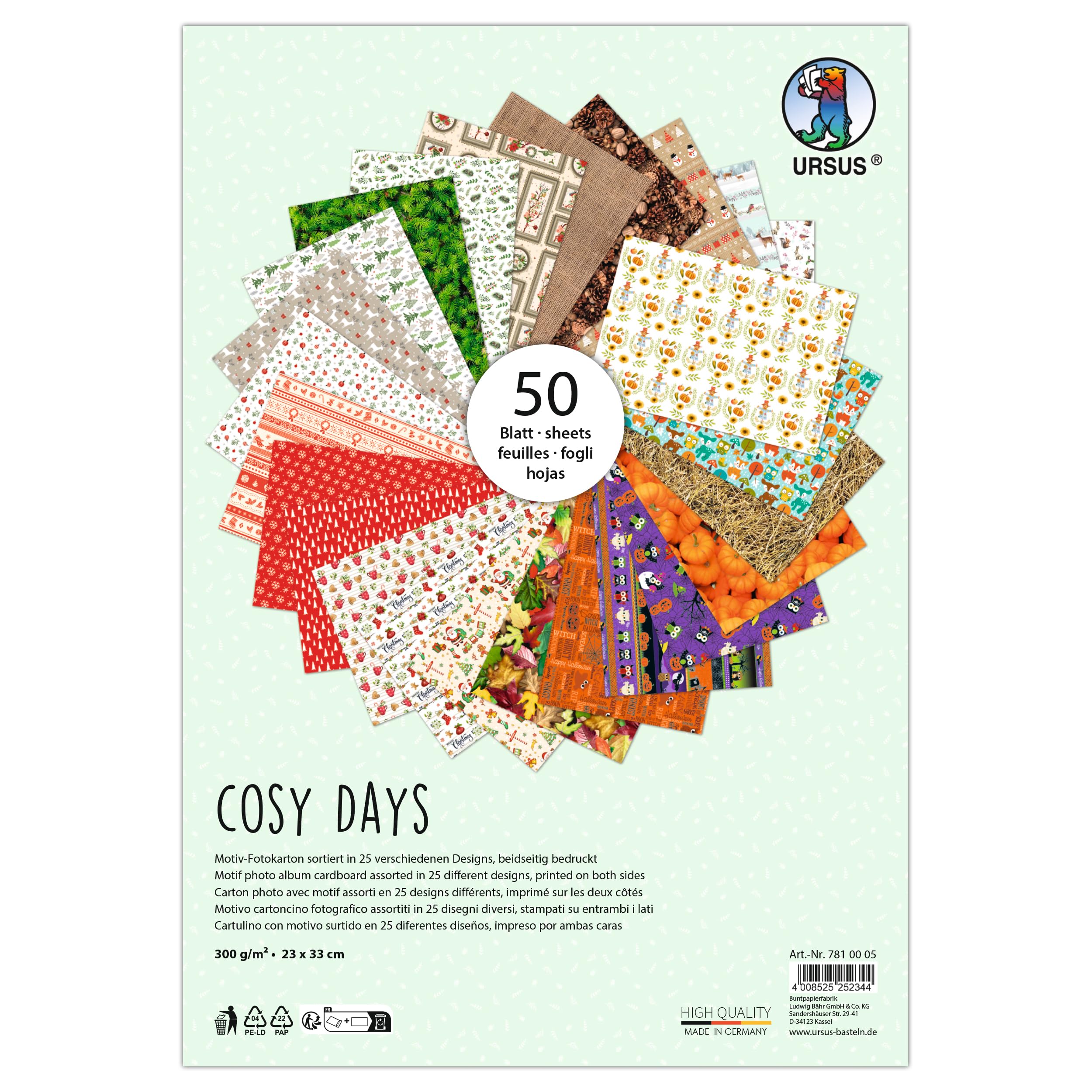 Ursus Cosy Days 7810005 Photo Card, 50 Sheets, Approx. 23 x 33 cm, 300 g/m², Printed on Both Sides with 25 Different Designs, Made of Fresh Cellulose, for Versatile Crafts