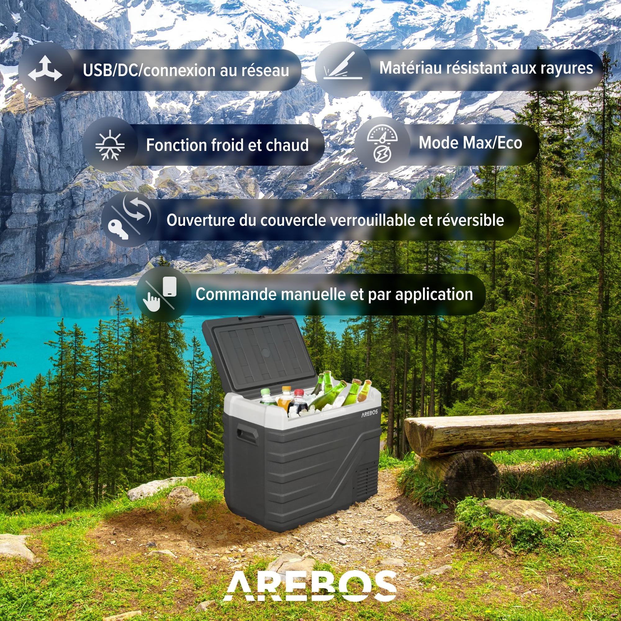 Arebos Glacière à compresseur 43 L | Réfrigérateur & congélateur Portable Jusqu’à -20 °C | Application & Commande Intelligente | 12/24V & 230V | USB | pour Voiture, Camion, Bateau, Camping-Car