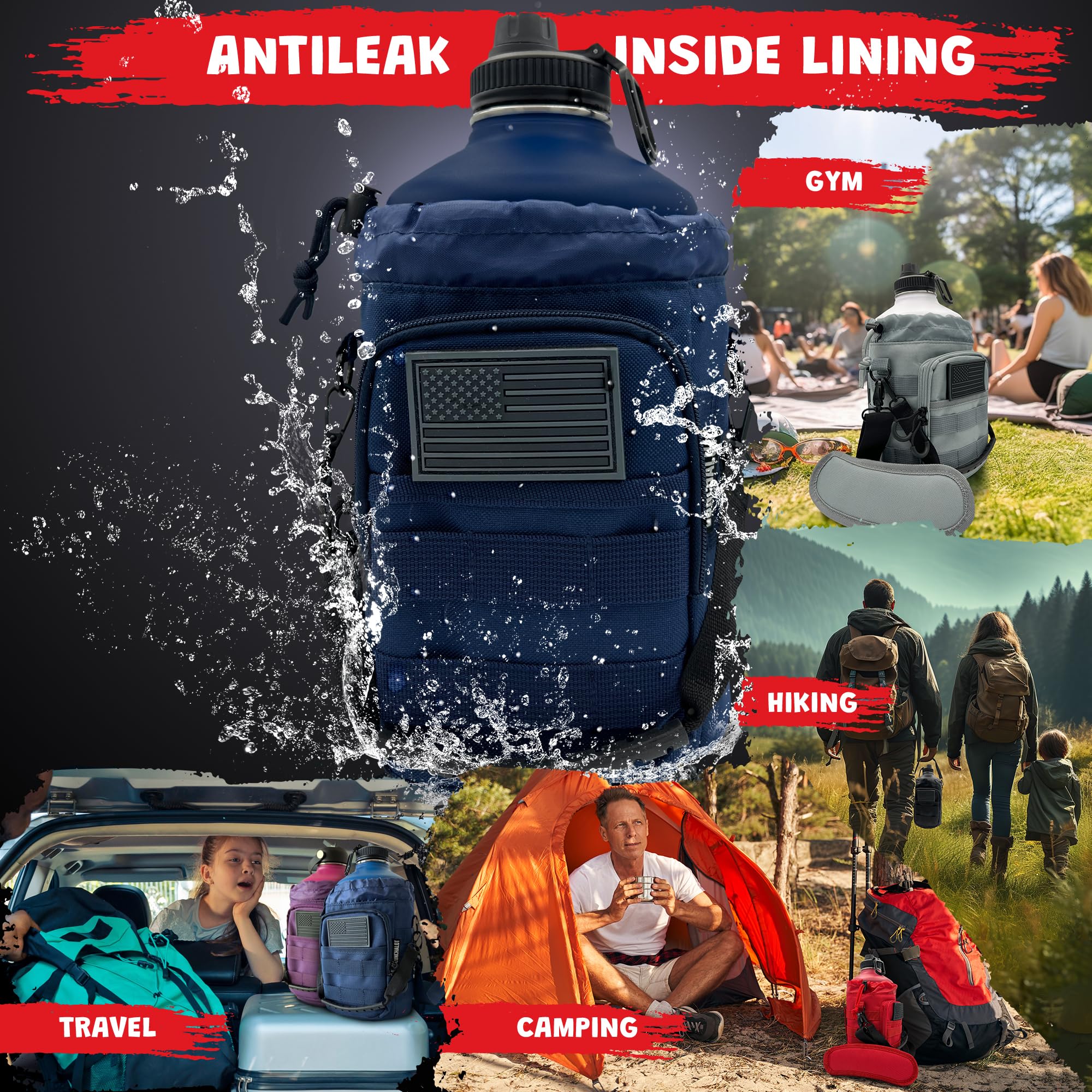 Botella de agua de 1 galón – Botella de agua aislada de acero inoxidable de 128 onzas con soporte, bolsa de transporte, asa de boquilla, tapas de pajilla, mantiene frío y caliente, termo