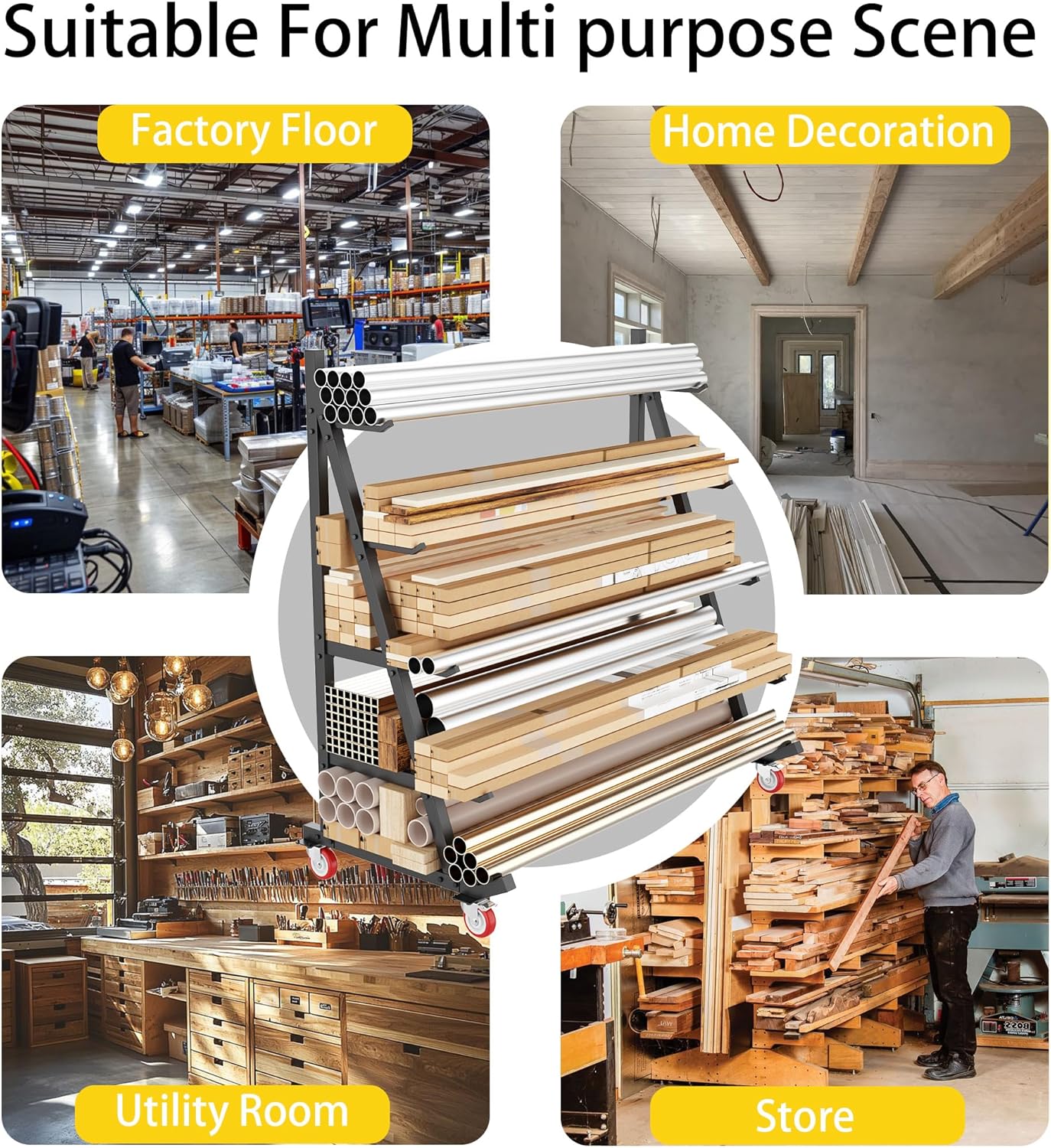 YOHKOH Lumber Storage Rack: Heavy-Duty 1500lbs Mobile Organizer for Pipes & Wood, No-Drill Floor Standing 5-Tier Unit with Locking Casters, 50" W x 25.6" D x 63" H for Workshop & Garage