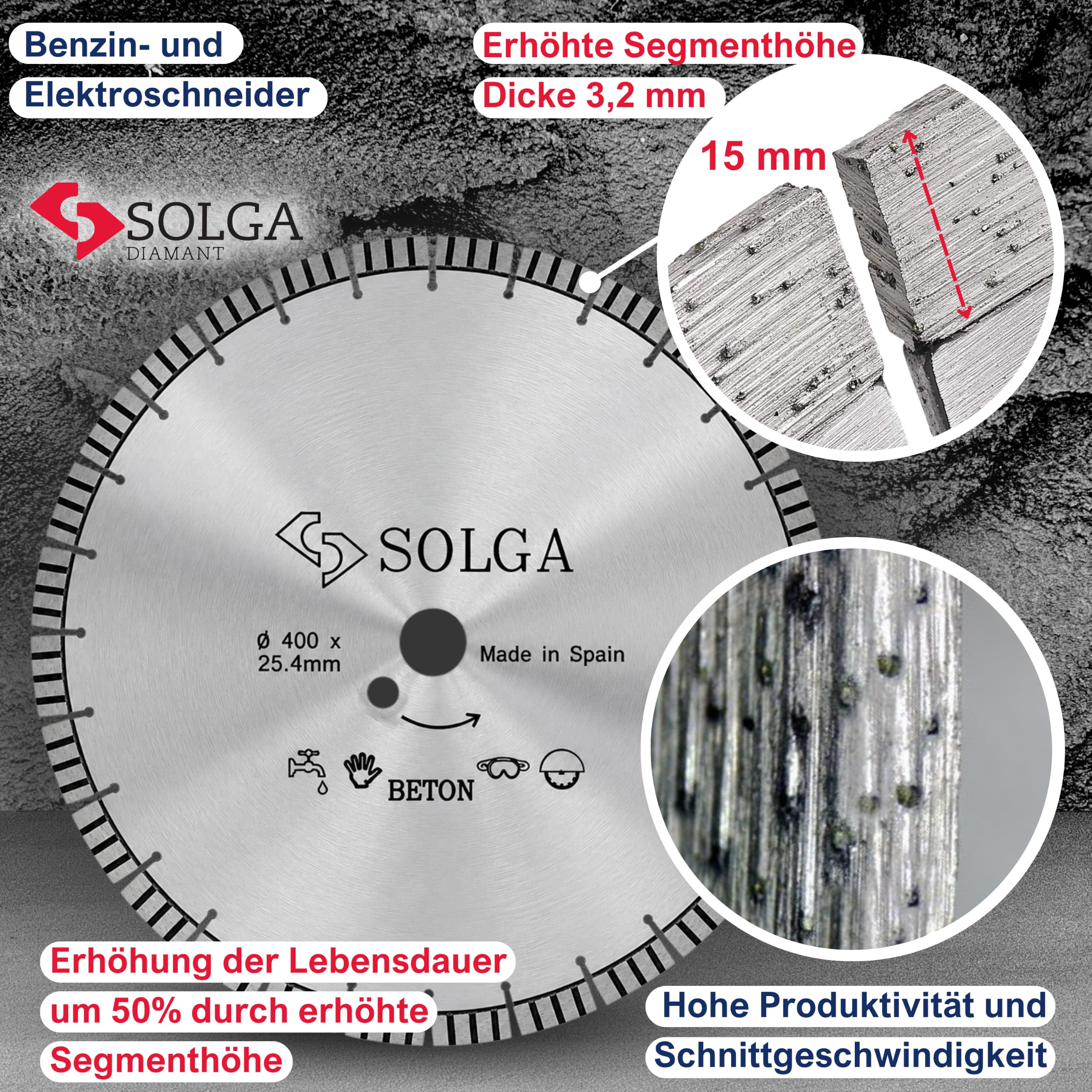 SOLGA Diamanttrennscheibe Turbo - 400mm - 25,4mm - 3,2mm - Beton, Stahlbeton, Asphalt, Ziegel, Stein, Porenbeton, Granit - Sägeblatt für Benzin Elektro Winkelschleifer