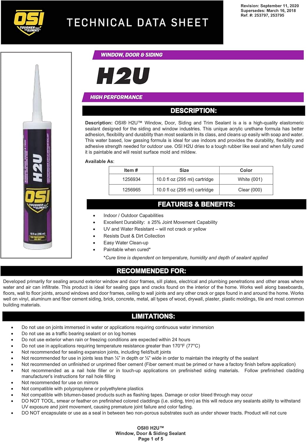 OSI H2U High Performance Window, Door, Siding and Trim Sealant, 10 Ounce Cartridge, White 001, Case of 12