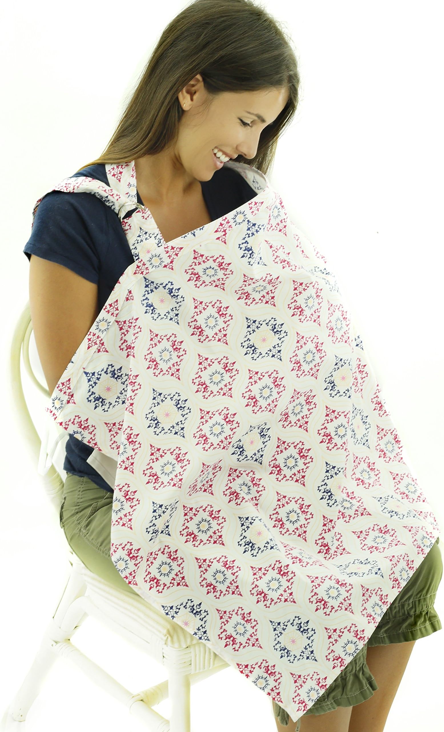 Nursing Cover for Breastfeeding – Red & Blue Star Pattern Feeding Apron - Breathable Cotton