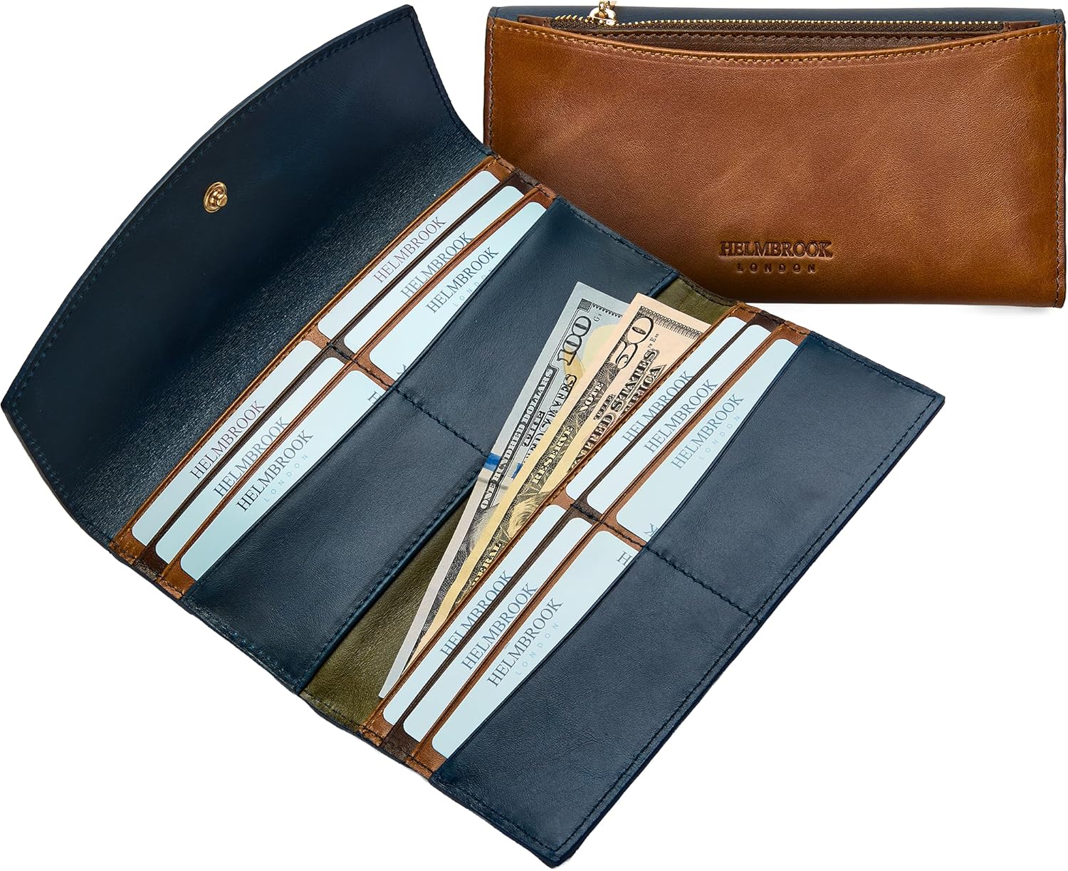 Handcrafted Full-Grain Leather Women’s Wallet, RFID Blocking, 12 Card Slots, 3 Compartments, Removable Zipper Coin Pouch, Gift Box & Pouch, Christmas & Birthday, Navy Blue-Tan - Image 8