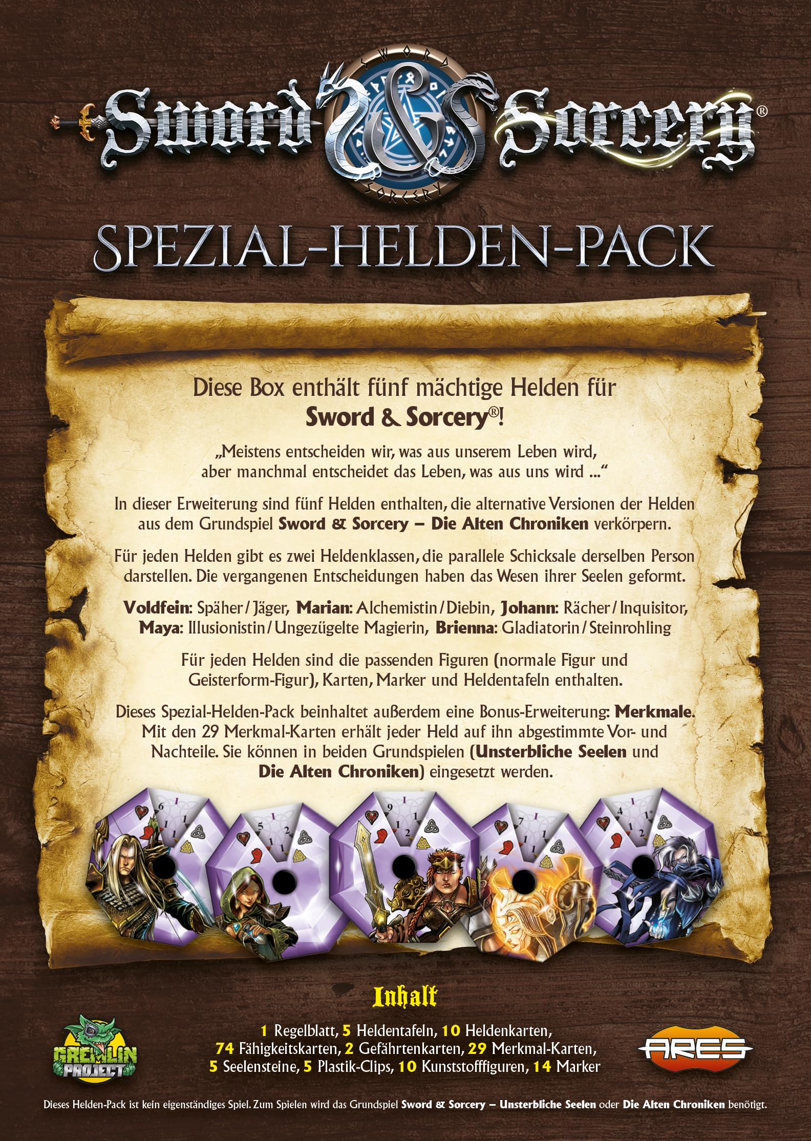 Ares Games, Sword & Sorcery: Stare Kroniki – alternatywne formy bohaterów i duchów, rozszerzenie specjalnych bohaterów, gra ekspercka, 1-5 graczy, od 13 lat, 30-150 minut, niemiecki