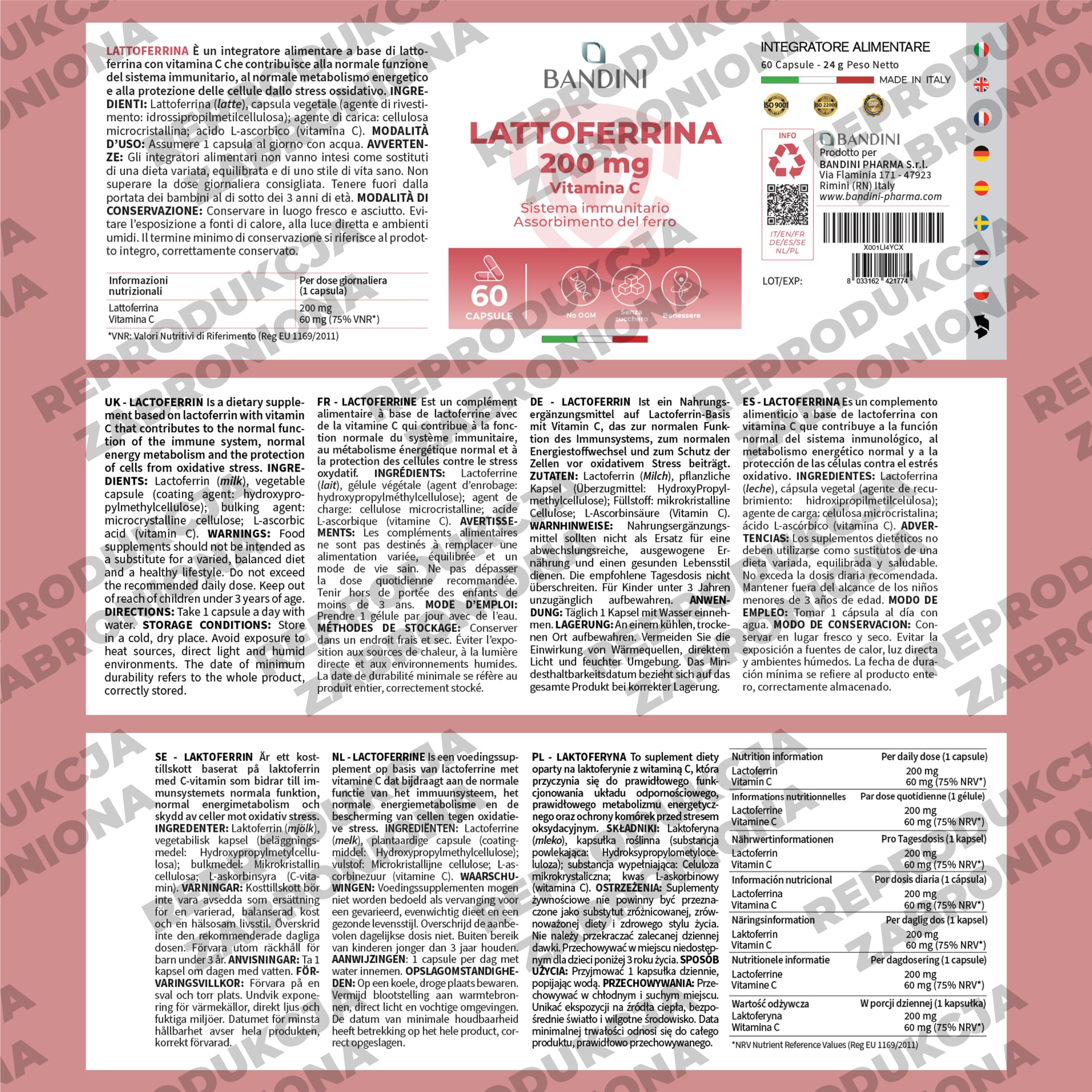 Bandini® LATTOFERRINE 200 Immuno - 200 MG laktoferyny na kapsułkę (60 kapsułek) - Suplement diety w wysokiej dawce z witaminą C - Naturalny przeciwutleniacz dla układu odpornościowego