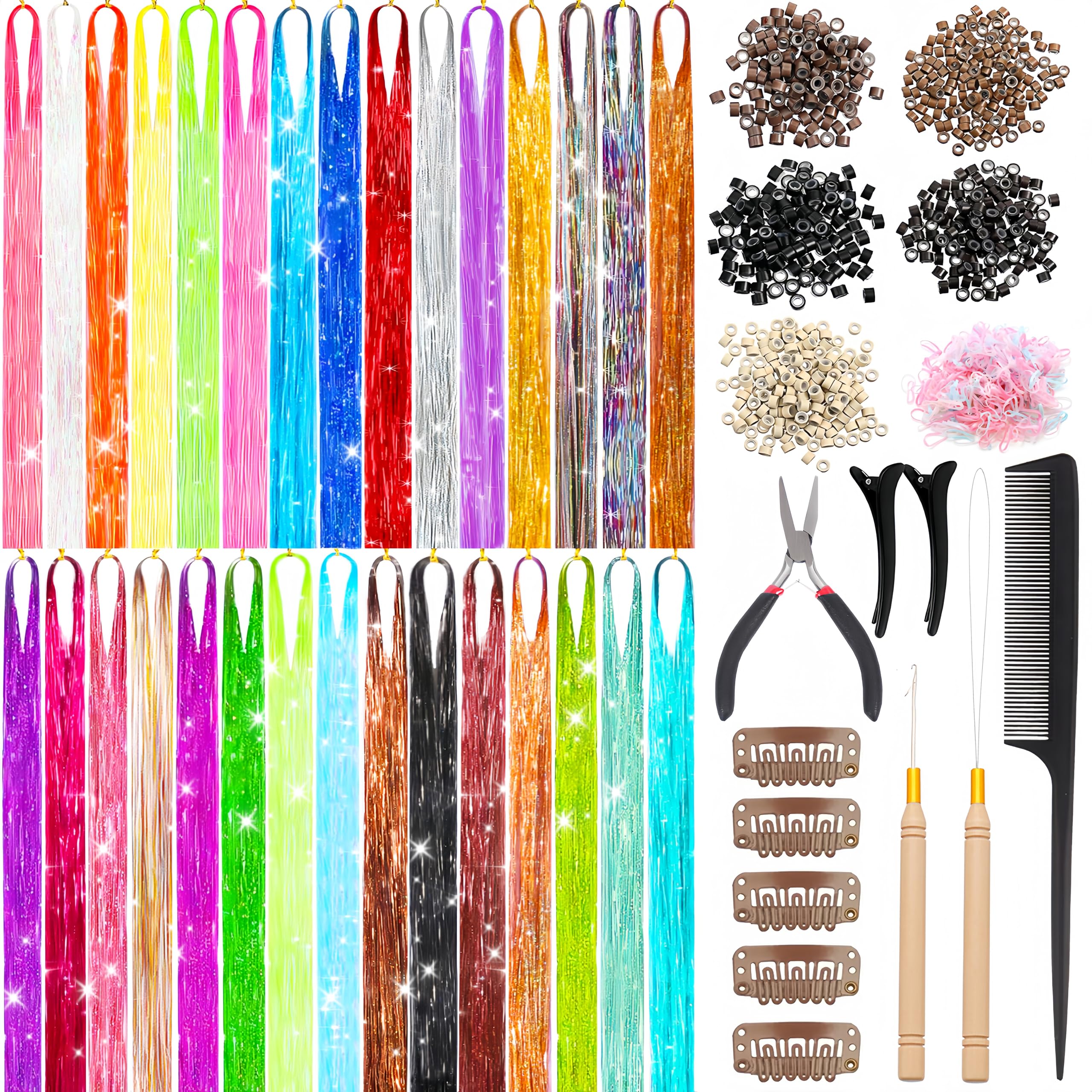 Professional 30 Colors Hair Tinsel Kit, Fairy Hair Tinsel Extensions 30 Colors 48 Inch